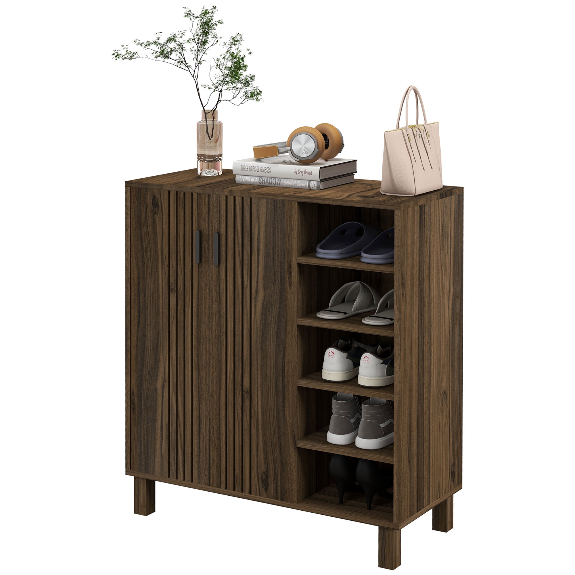 HOMCOM Rustic Shoe Cabinet with 5-tier Double Door Cupboard and 5-tier Open Shelves, 17 Pair Shoe Storage Cabinet with Adjustable Shelves for Entryway, Hallway, Walnut