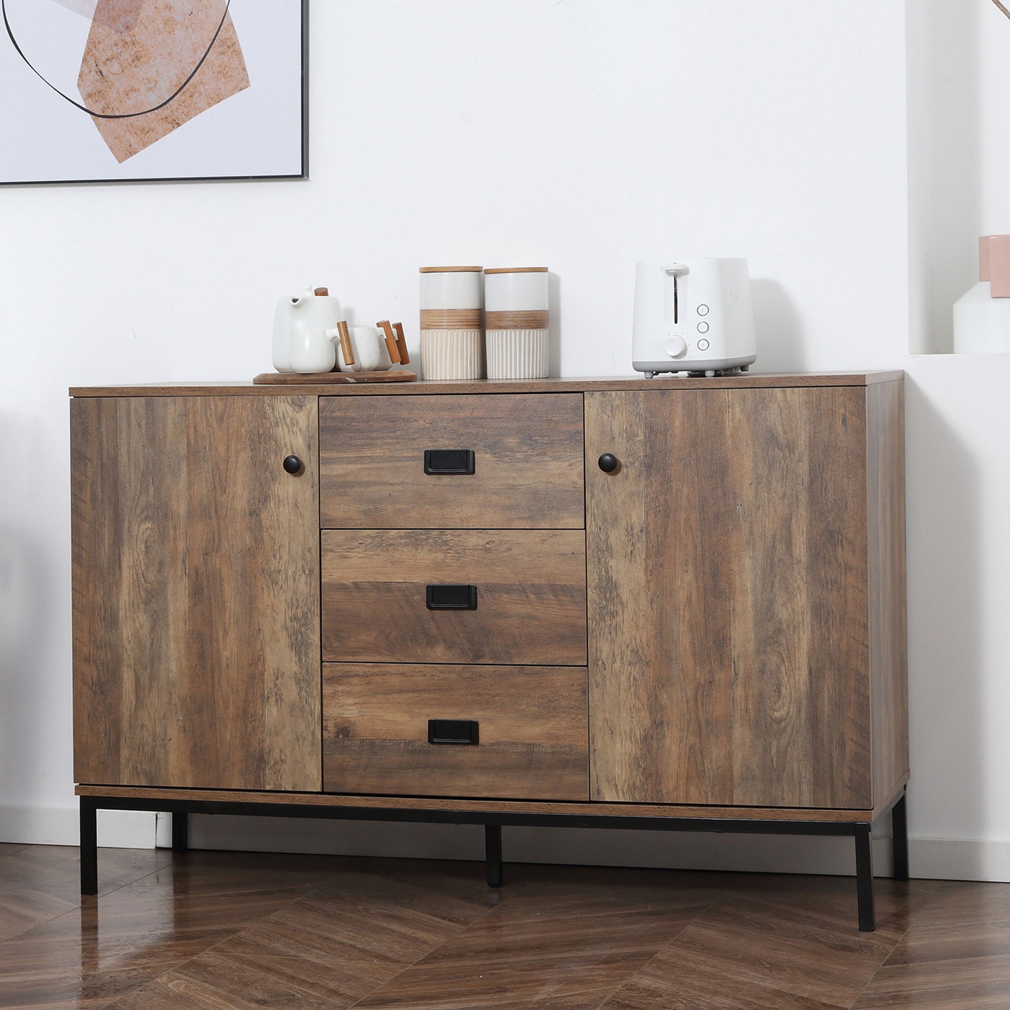 HOMCOM Industrial Kitchen Sideboard, Buffect Cabinet with 2 Cupboards, 3 Drawers, Adjustable Shelves, Distressed Brown