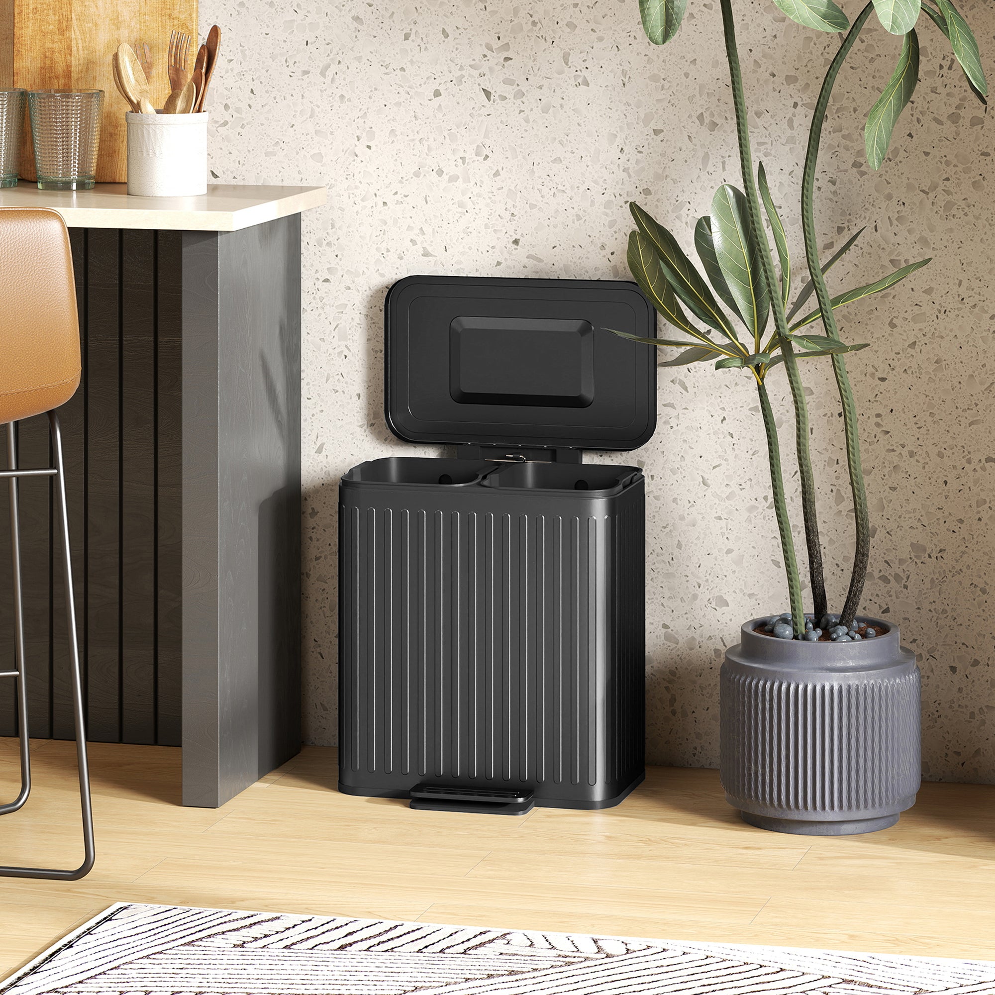 Trash Can, 2 x 5.3 Gallon (2 x 20 L) Garbage Can with Soft-Close Lid, Foot Pedal, Removable Inner Buckets, Fingerprint-Proof, Garbage Bin for Kitchen Home Office, Black