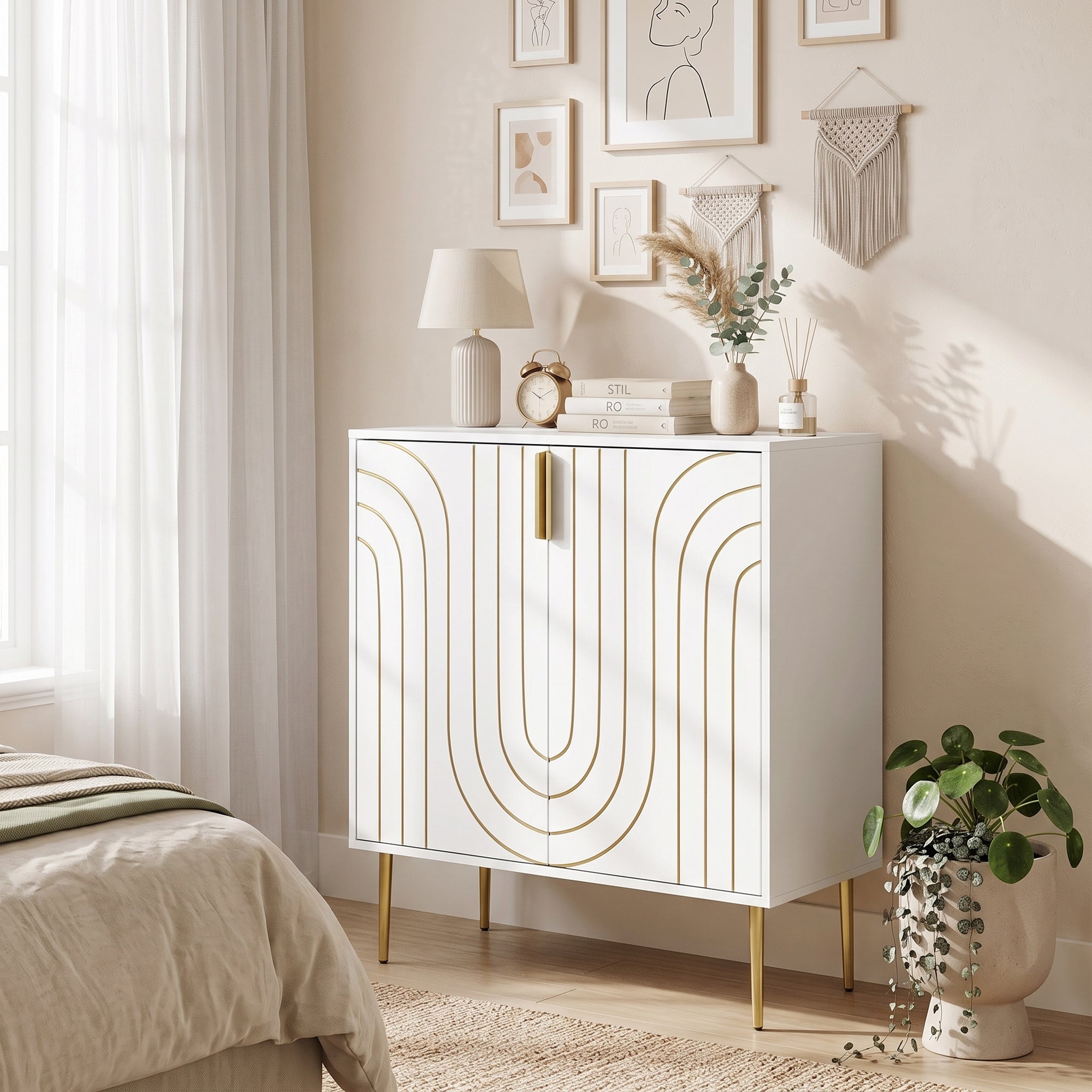 Storage Cabinet, Modern Kitchen Cupboard with 2 Doors, Adjustable Shelf and Metal Legs, Freestanding Sideboard for Living Room, Dining Room, Hallway, White