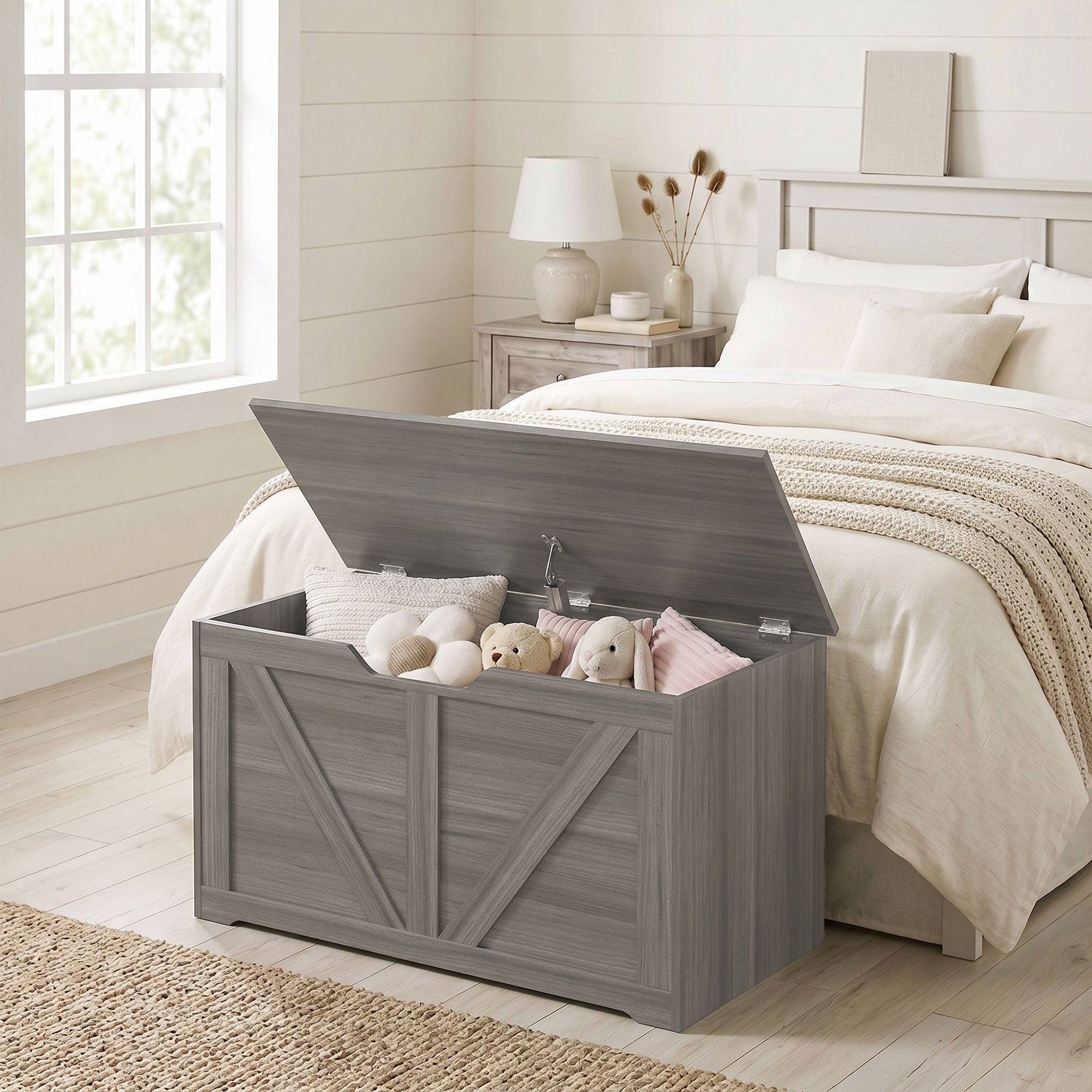 100L Storage Chest, Shoe Storage Trunk Bench Box with Safety Hinge and U-shaped Cut-out Pull, Blanket Box Ottoman for Bedroom, Living Room, Entryway, 80 x 40 x 45 cm, Dark Grey Wood-Effect