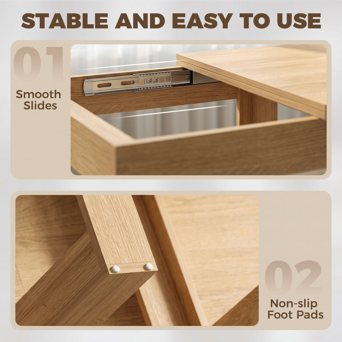 Folding Dining Table for 4 with Under-Table Storage, 70-140 cm Modern Extendable Kitchen Table with Steel Rail, Space-Saving for Kitchen, Dining Room, Oak Effect