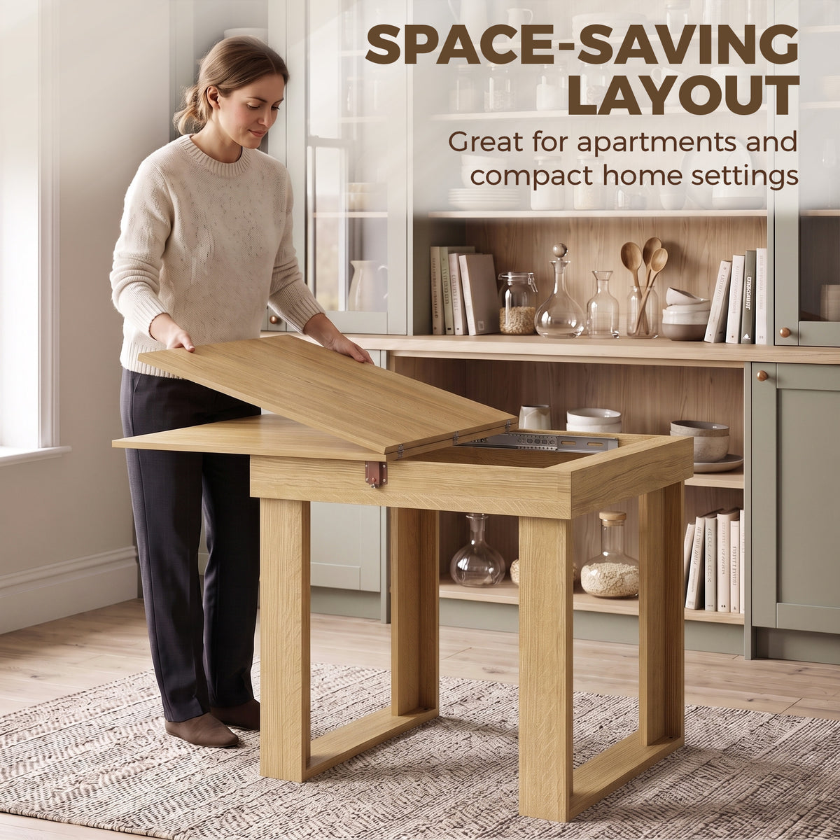 Folding Dining Table for 4 with Under-Table Storage, 70-140 cm Modern Extendable Kitchen Table with Steel Rail, Space-Saving for Kitchen, Dining Room, Oak Effect
