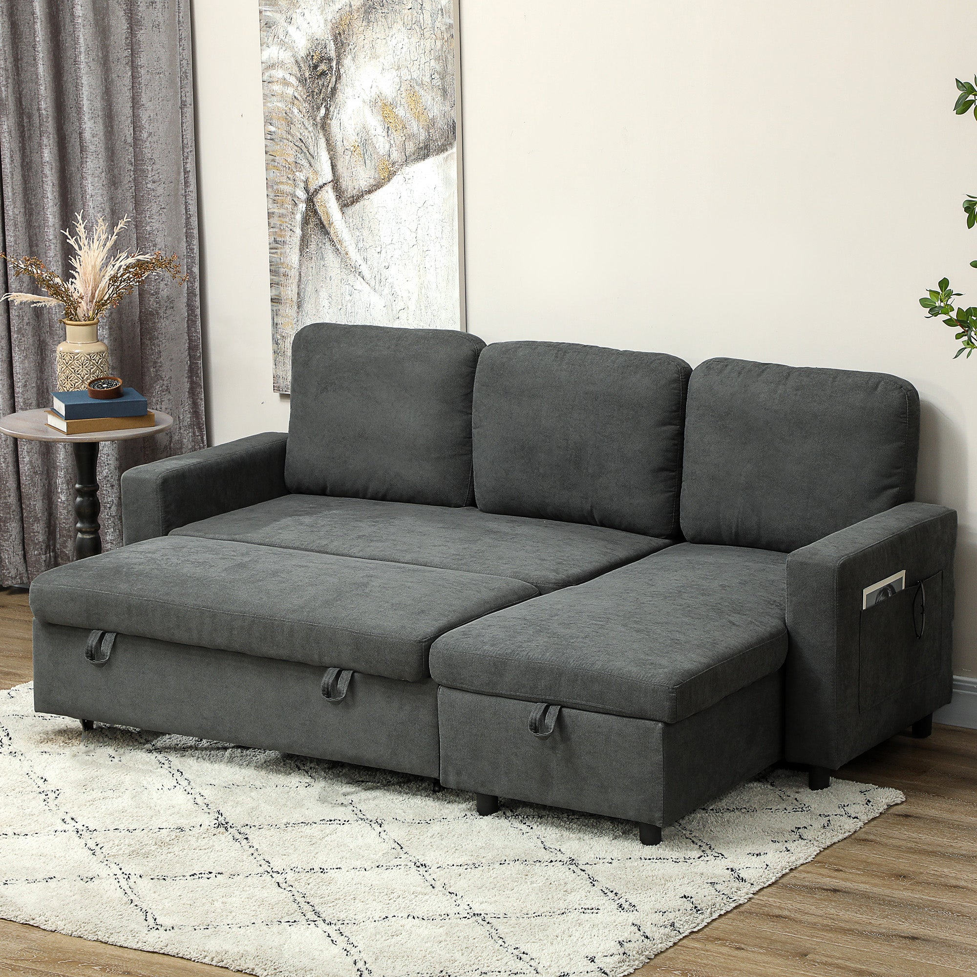 HOMCOM Sofa Bed with Storage, Convertible L Shaped Corner Sofa, 3 Seater Pull Out Sofa Bed with Reversible Chaise, Side Pockets for Living Room, Bedroom, Small Spaces, Charcoal Grey