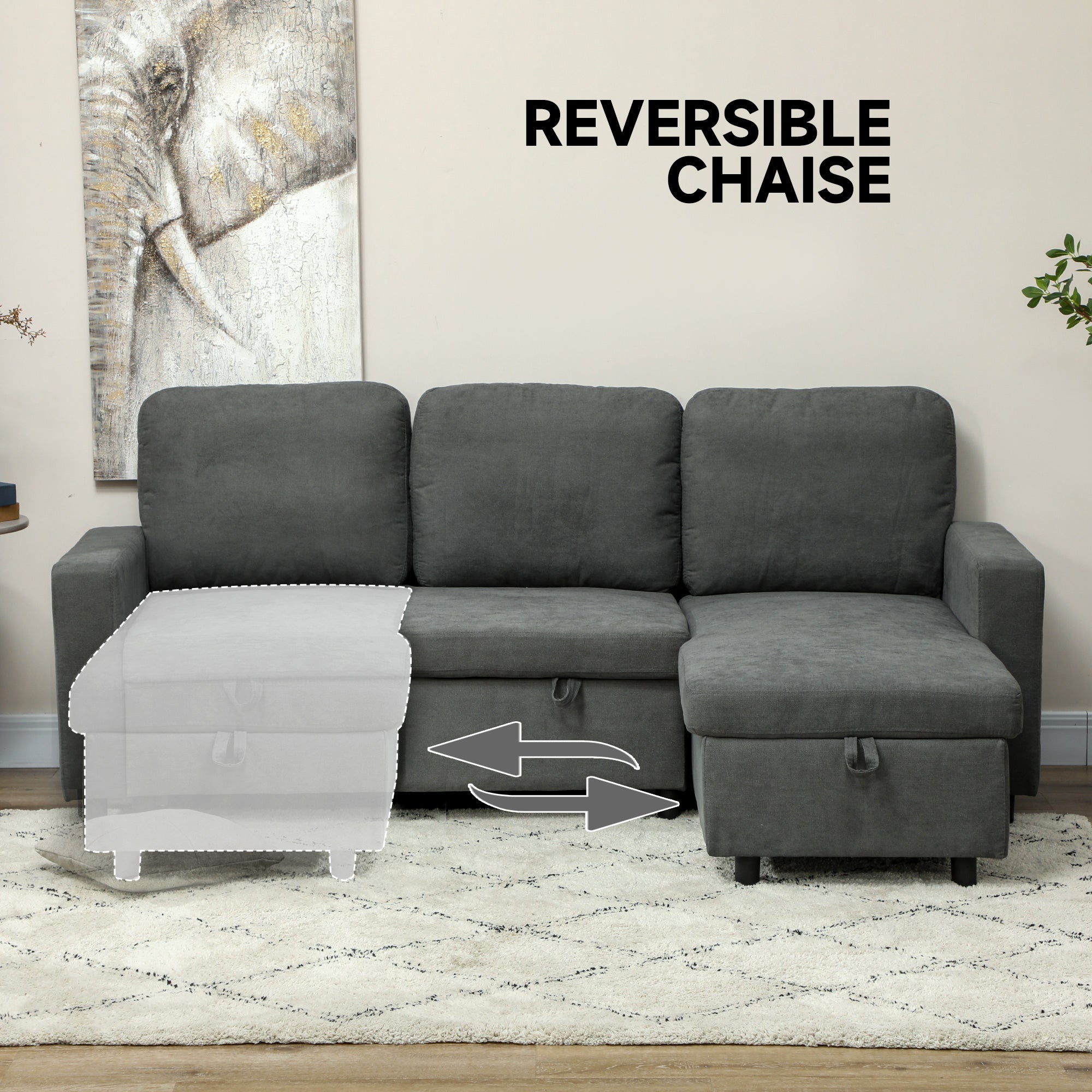 HOMCOM Sofa Bed with Storage, Convertible L Shaped Corner Sofa, 3 Seater Pull Out Sofa Bed with Reversible Chaise, Side Pockets for Living Room, Bedroom, Small Spaces, Charcoal Grey