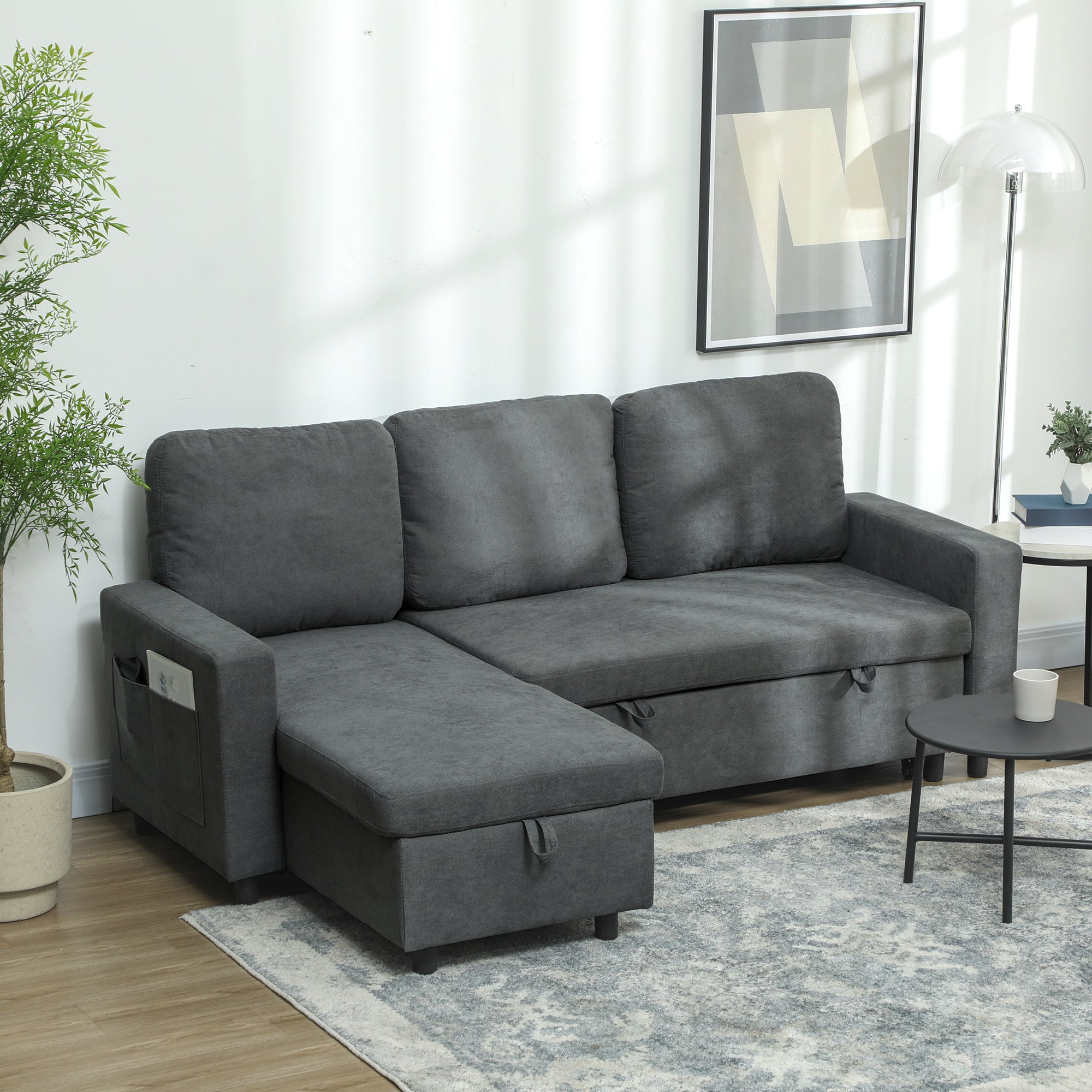 HOMCOM Sofa Bed with Storage, Convertible L Shaped Corner Sofa, 3 Seater Pull Out Sofa Bed with Reversible Chaise, Side Pockets for Living Room, Bedroom, Small Spaces, Charcoal Grey