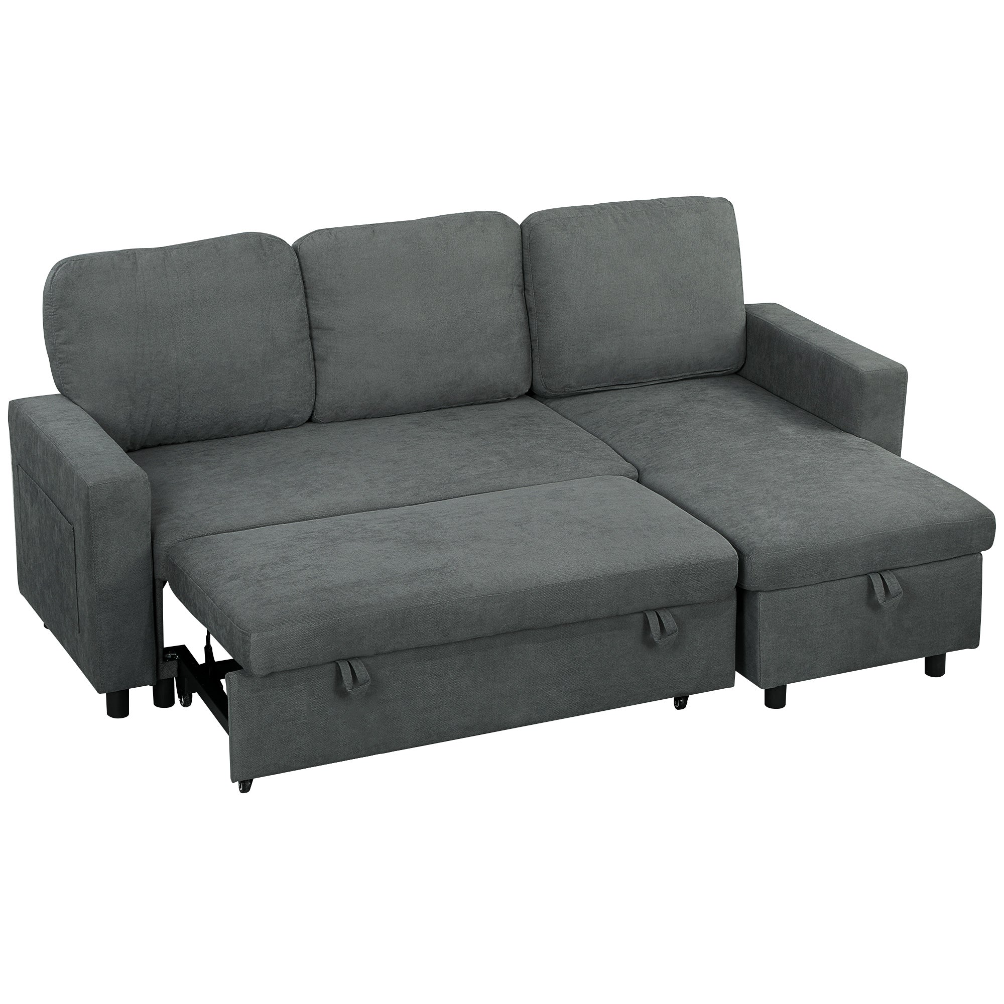 HOMCOM Sofa Bed with Storage, Convertible L Shaped Corner Sofa, 3 Seater Pull Out Sofa Bed with Reversible Chaise, Side Pockets for Living Room, Bedroom, Small Spaces, Charcoal Grey