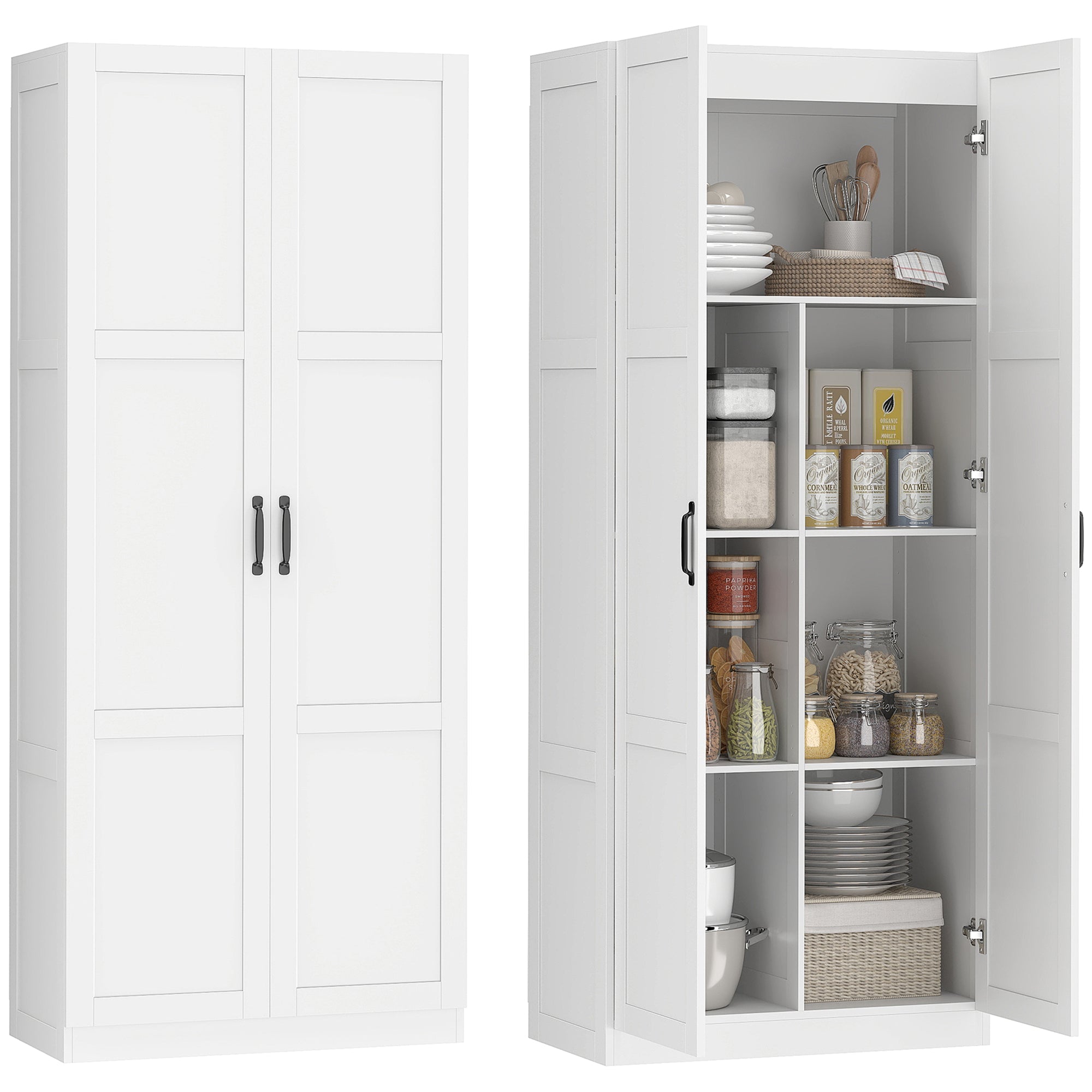 71" Tall Kitchen Pantry Cabinet with Soft-Close Hinges, Modern Farmhouse Freestanding Pantry Storage Cabinet with 2 Framed Doors, 4 Adjustable Shelves, White