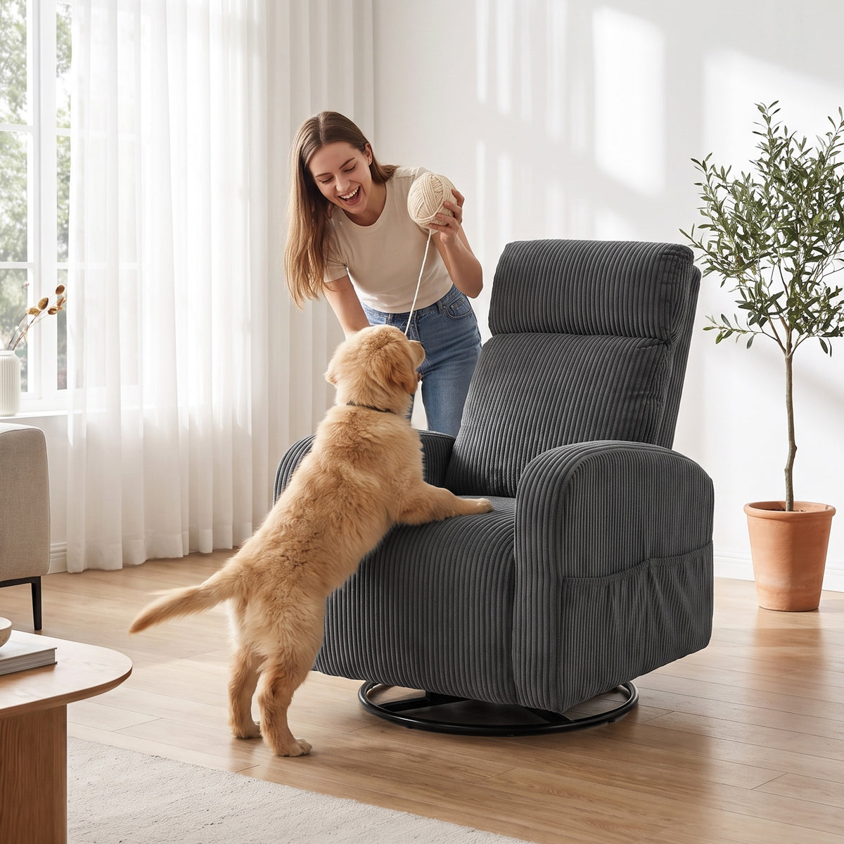 360° Swivel Accent Chair, Modern Armchair with Thick Backrest & Cushion, Corduroy Upholstered Living Room Lounge with Steel Legs for Study, Dark Grey