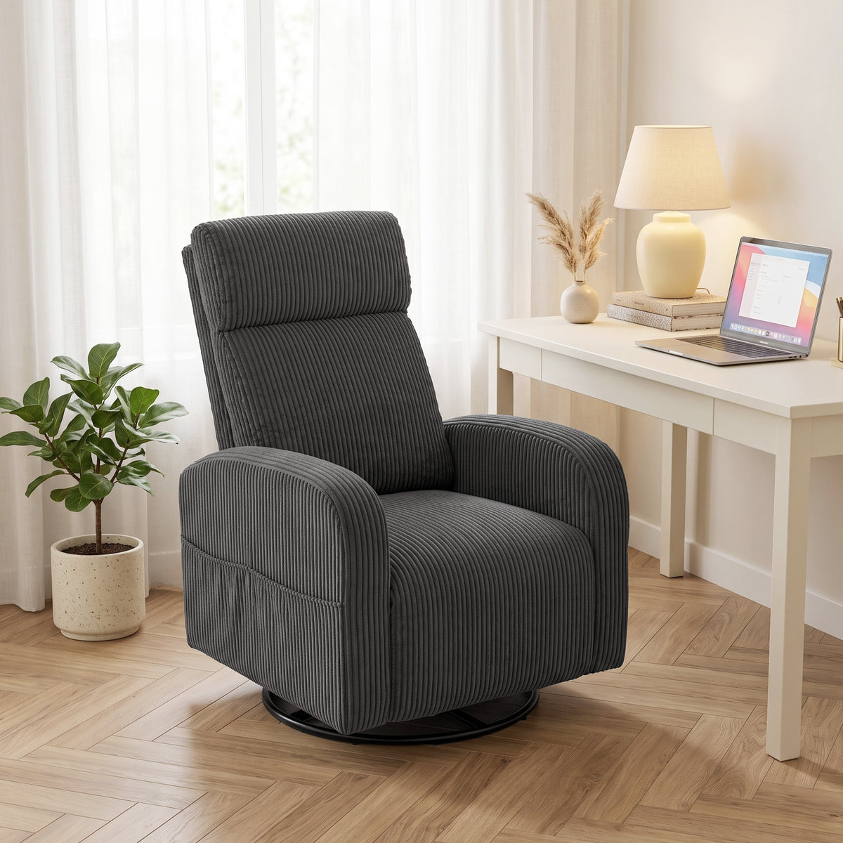 360° Swivel Accent Chair, Modern Armchair with Thick Backrest & Cushion, Corduroy Upholstered Living Room Lounge with Steel Legs for Study, Dark Grey