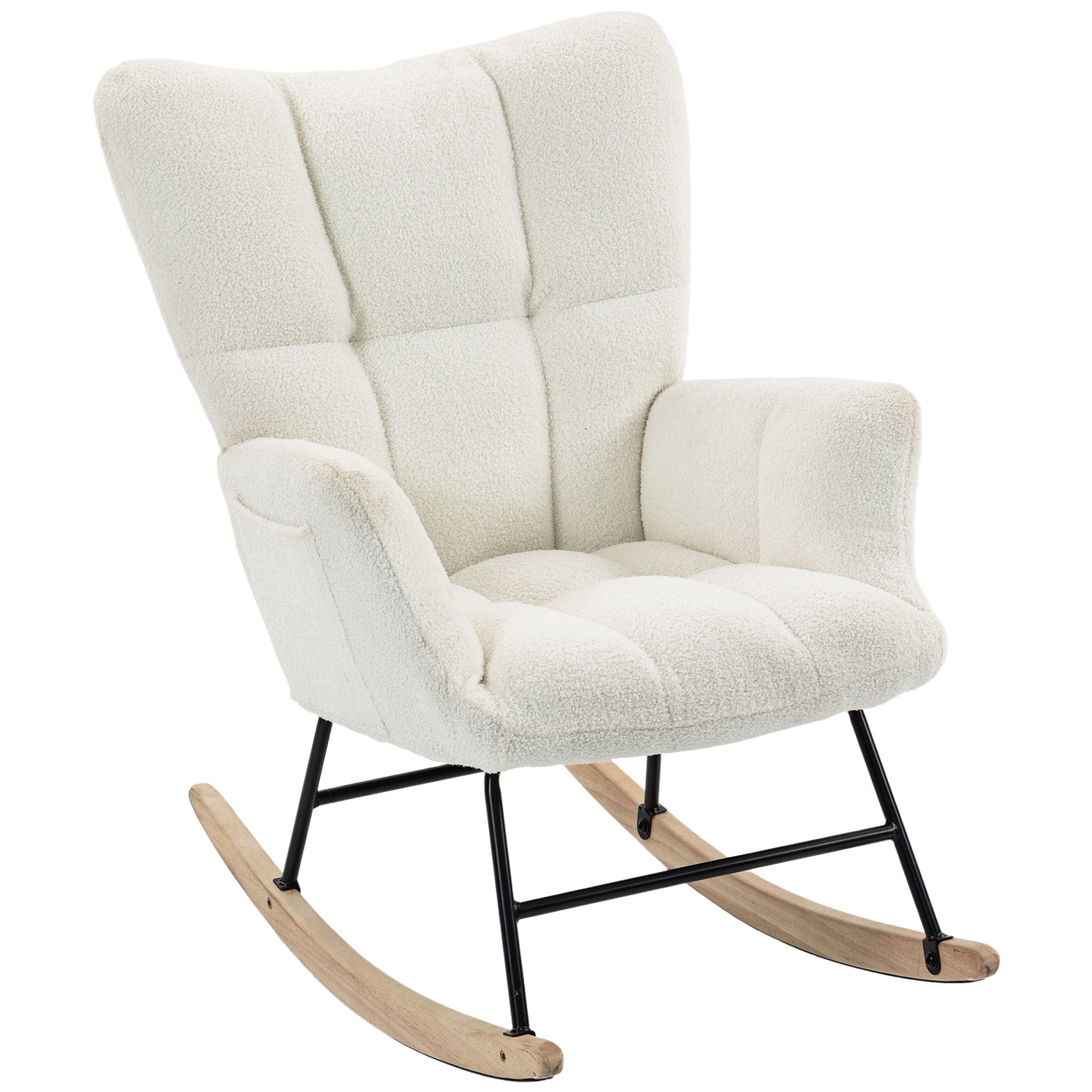 Rocking Chair with Side Pockets, Wingback Tufted Rocker Chair with Teddy Fleece Upholstered, Rubber Wood Legs for Living Room, Bedroom, Cream White