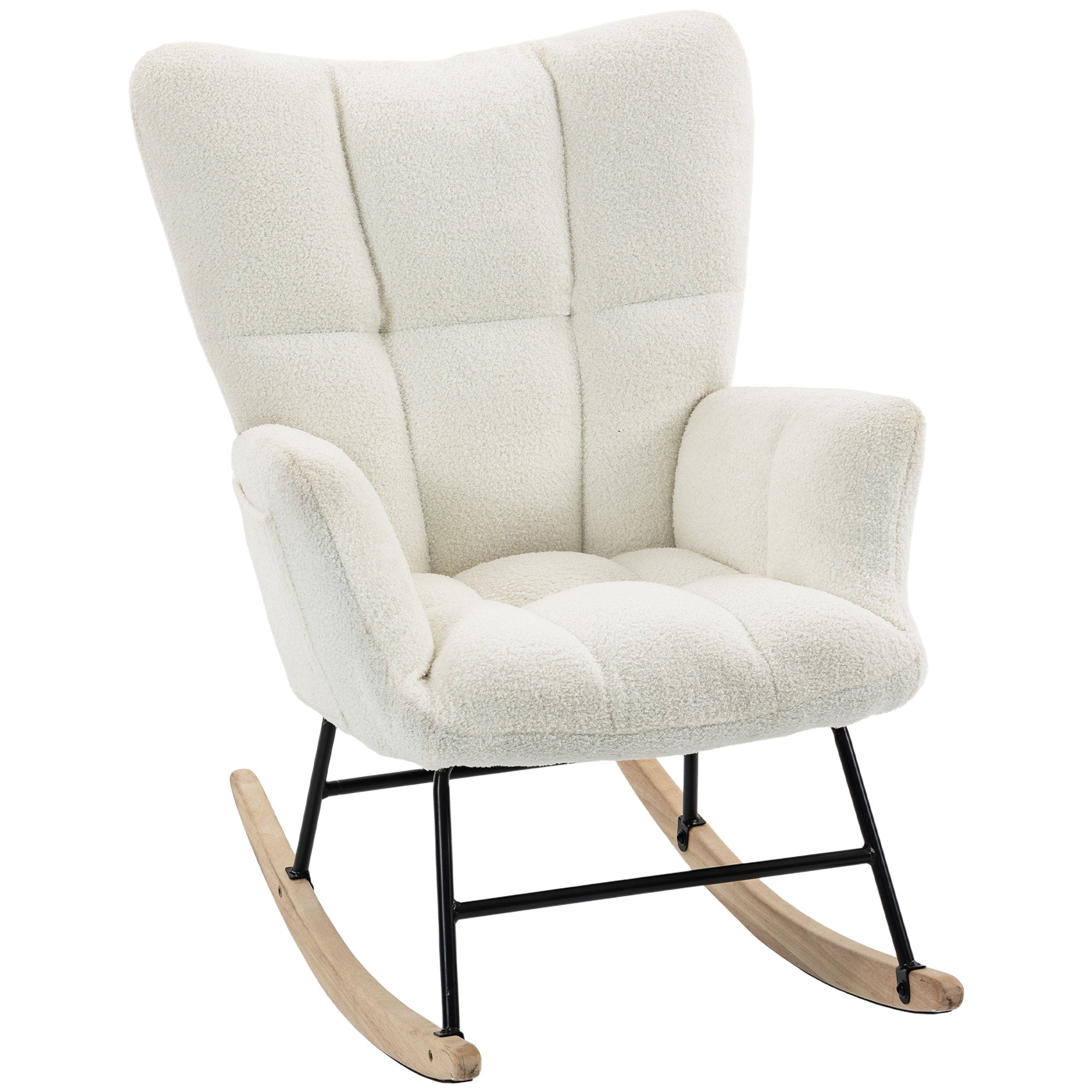 Rocking Chair with Side Pockets, Wingback Tufted Rocker Chair with Teddy Fleece Upholstered, Rubber Wood Legs for Living Room, Bedroom, Cream White