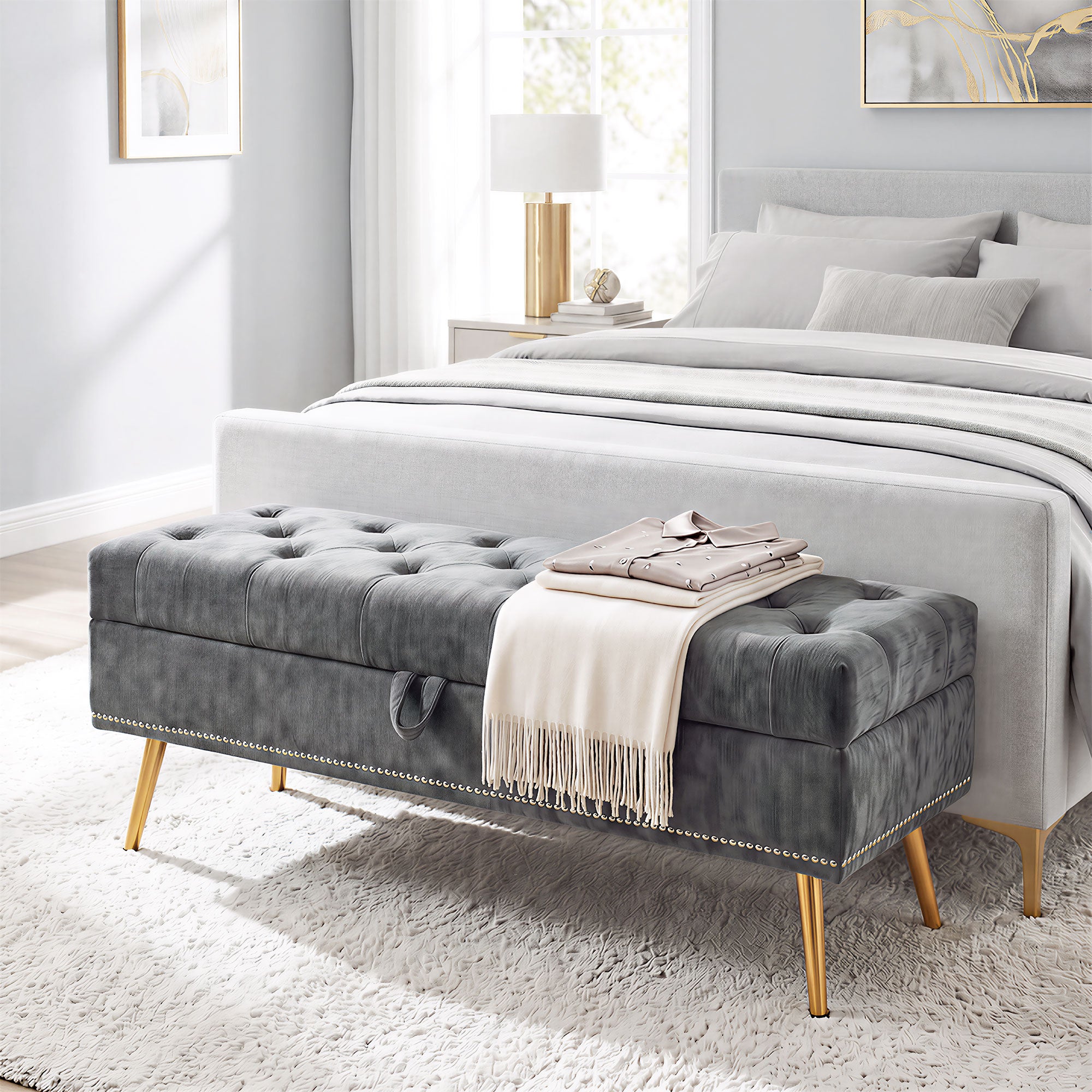Storage Ottoman, Chenille Upholstered Ottoman Storage Box with Padded Seat, End of Bed Bench with Metal Legs for Bedroom, Hallway, Living Room, 114 x 41 x 45 cm, Grey