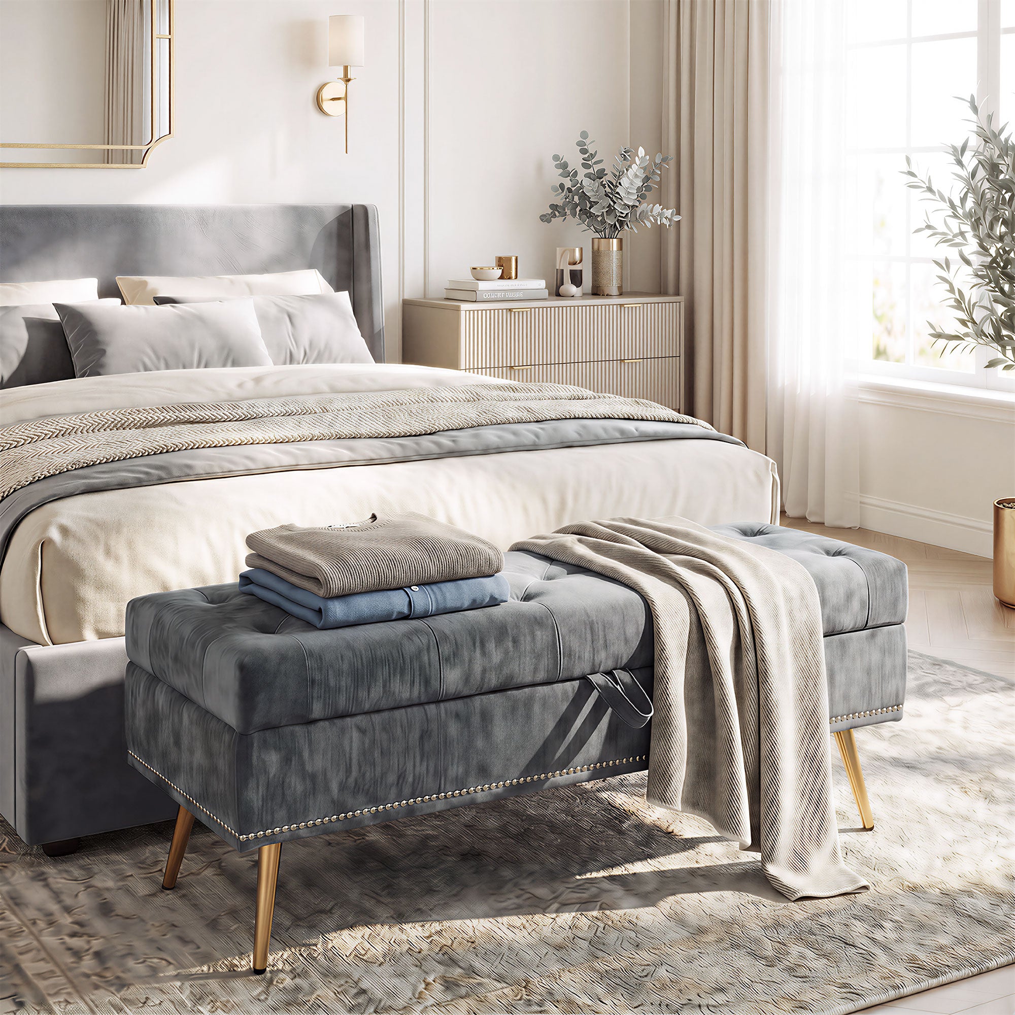 Storage Ottoman, Chenille Upholstered Ottoman Storage Box with Padded Seat, End of Bed Bench with Metal Legs for Bedroom, Hallway, Living Room, 114 x 41 x 45 cm, Grey