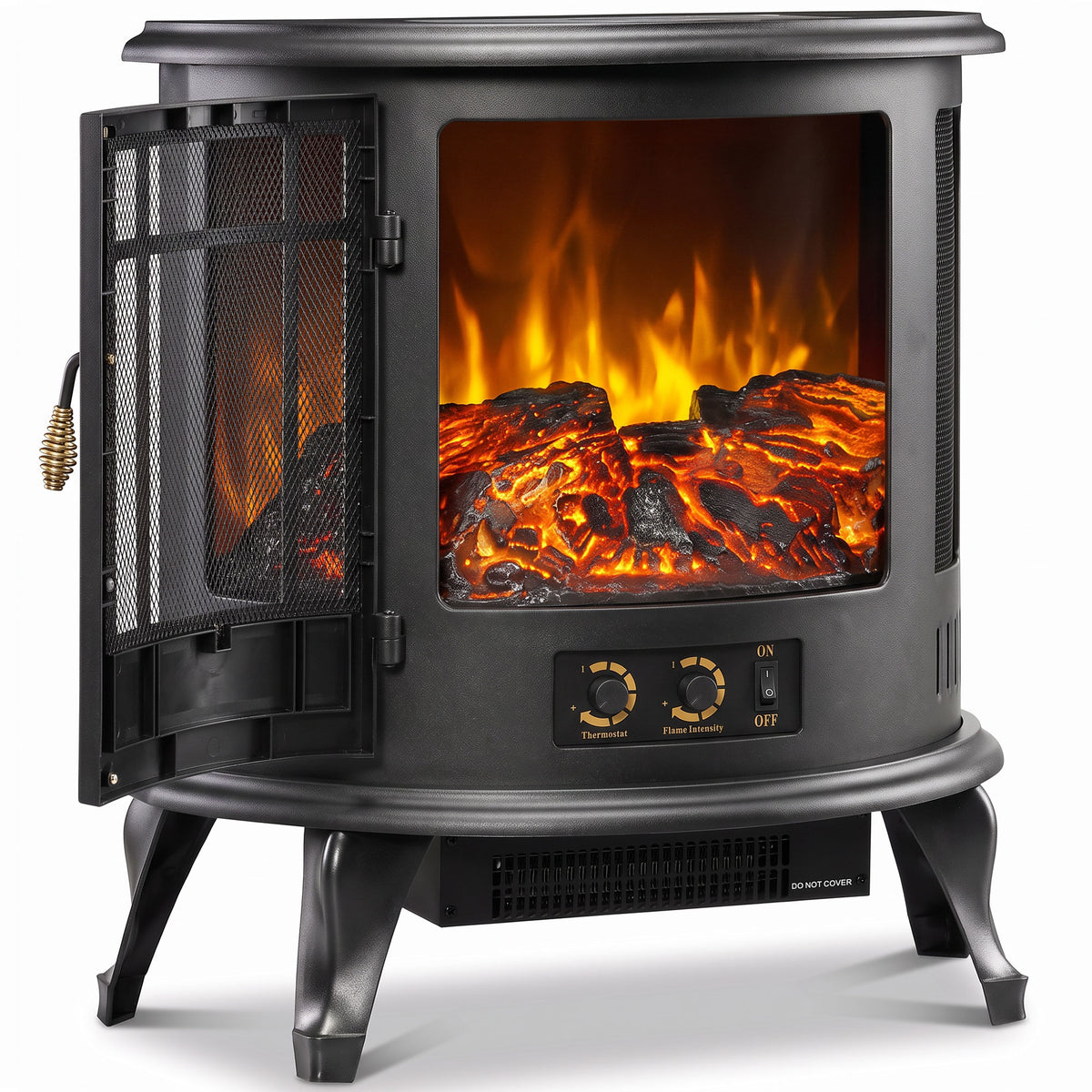 3-Sided Electric Fireplace Stove, 2000W Freestanding Log Burner, Portable Electric Fire Fan Heater with LED Flame Effect, Adjustable Thermostat, Overheat Protection, Black