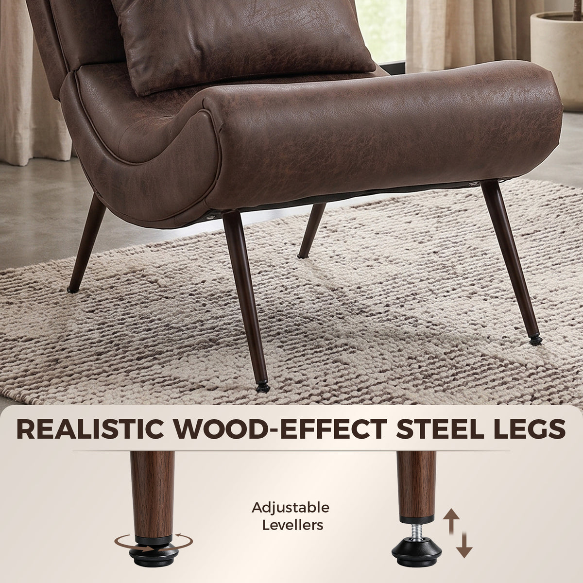 Modern Accent Chair with Footstool, Upholstered Lounge Chair with 64cm Wide Seat, Lumbar Pillow, Trapezoidal Backrest, Wood-Effect Steel Legs, Reading Seat for Living Room, Study, Dark Brown