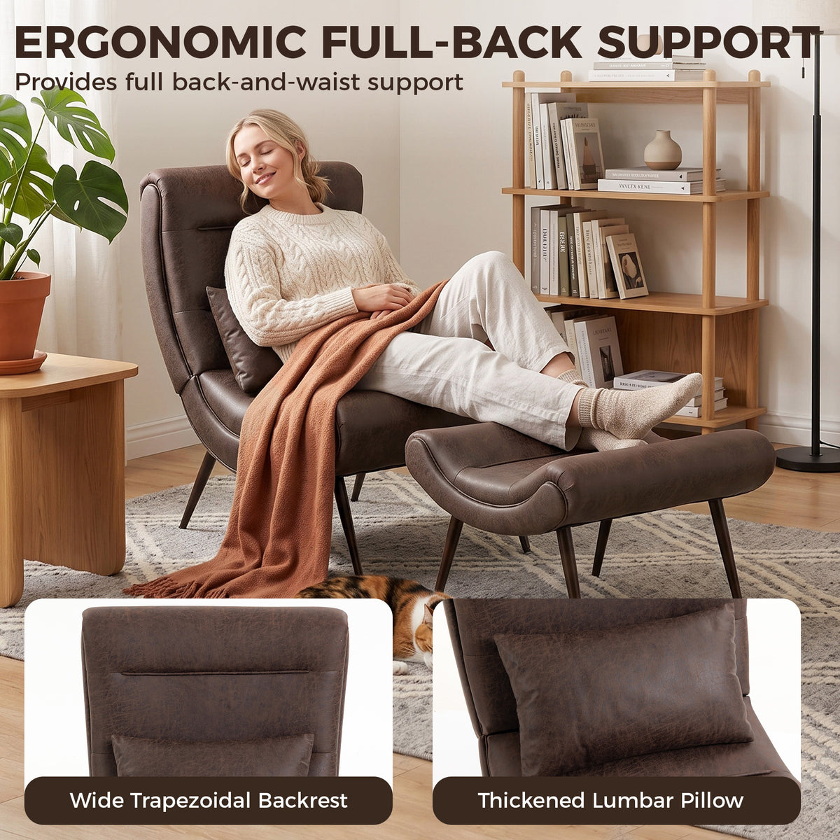 Modern Accent Chair with Footstool, Upholstered Lounge Chair with 64cm Wide Seat, Lumbar Pillow, Trapezoidal Backrest, Wood-Effect Steel Legs, Reading Seat for Living Room, Study, Dark Brown