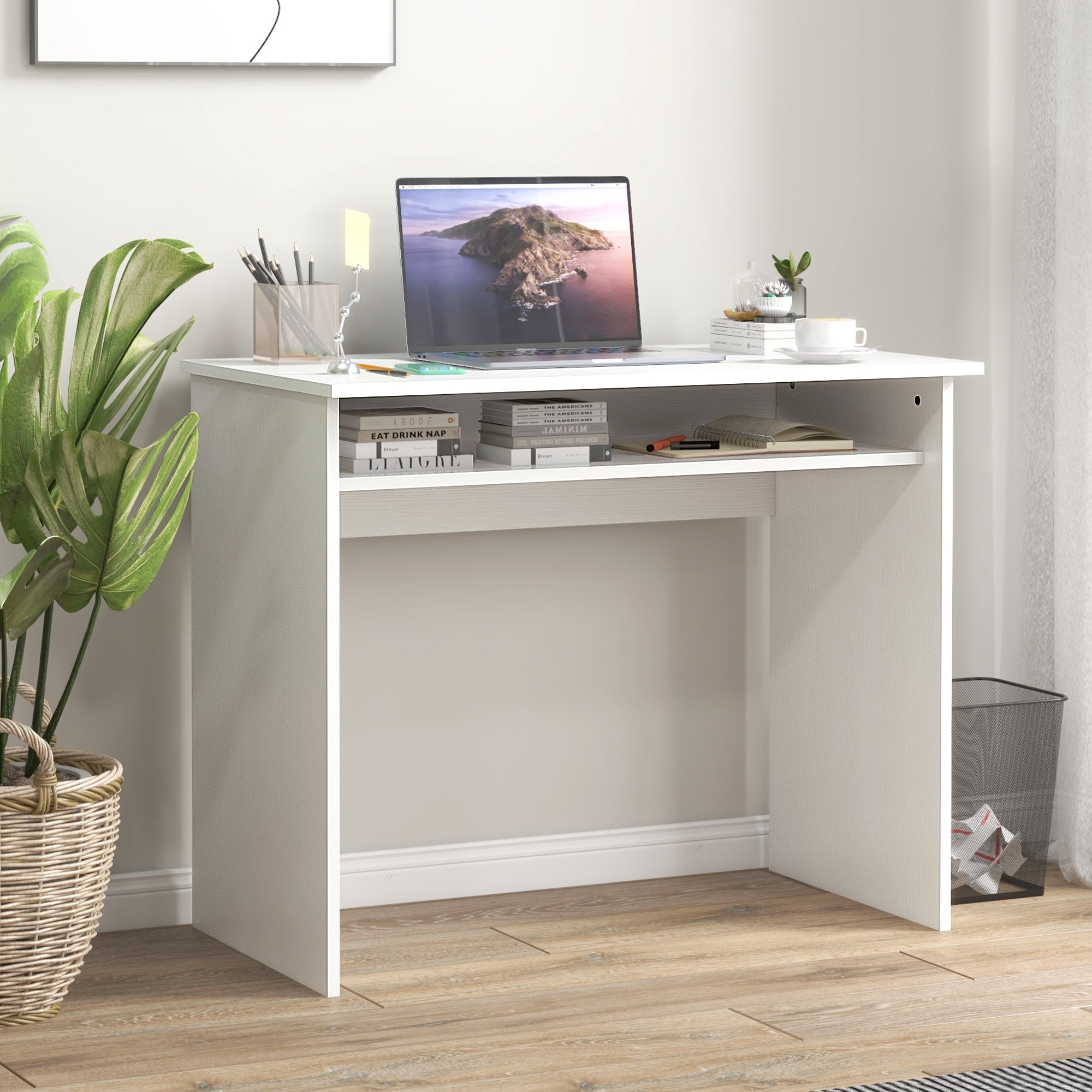 HOMCOM Modern Computer Desk, Home Office Table, Small Writing Desk with Storage Shelf, 90 x 50cm, White Wood Grain