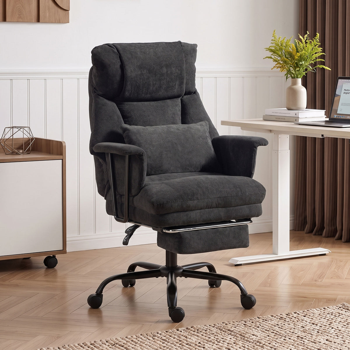 Office Chair, 180kg Heavy Duty Linen Computer Desk Chair with Lumbar Support, Wide Seat, Spring Cushion, Reclining Backrest, Footrest, Swivel Wheels, Black
