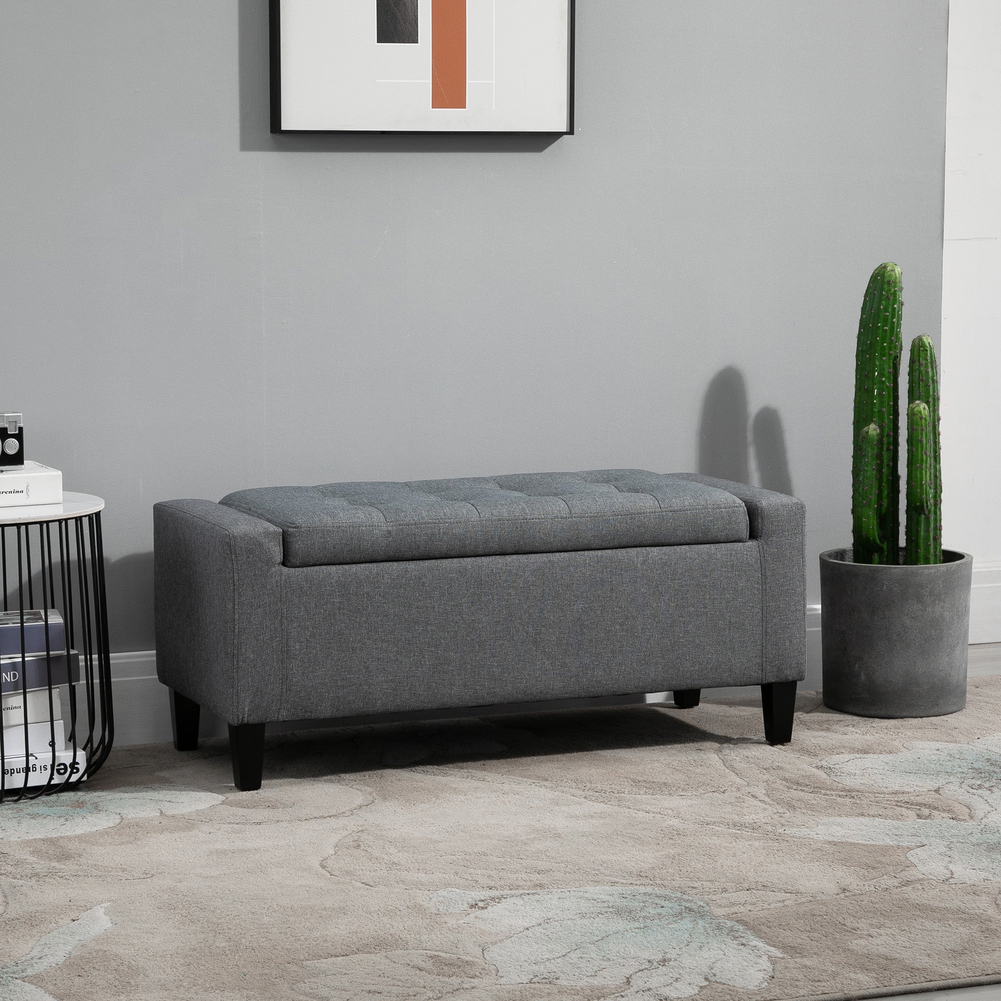 Storage Ottoman, Linen Upholstered Storage Bench with Lift Top and Button Tufted for Living Room, Gray