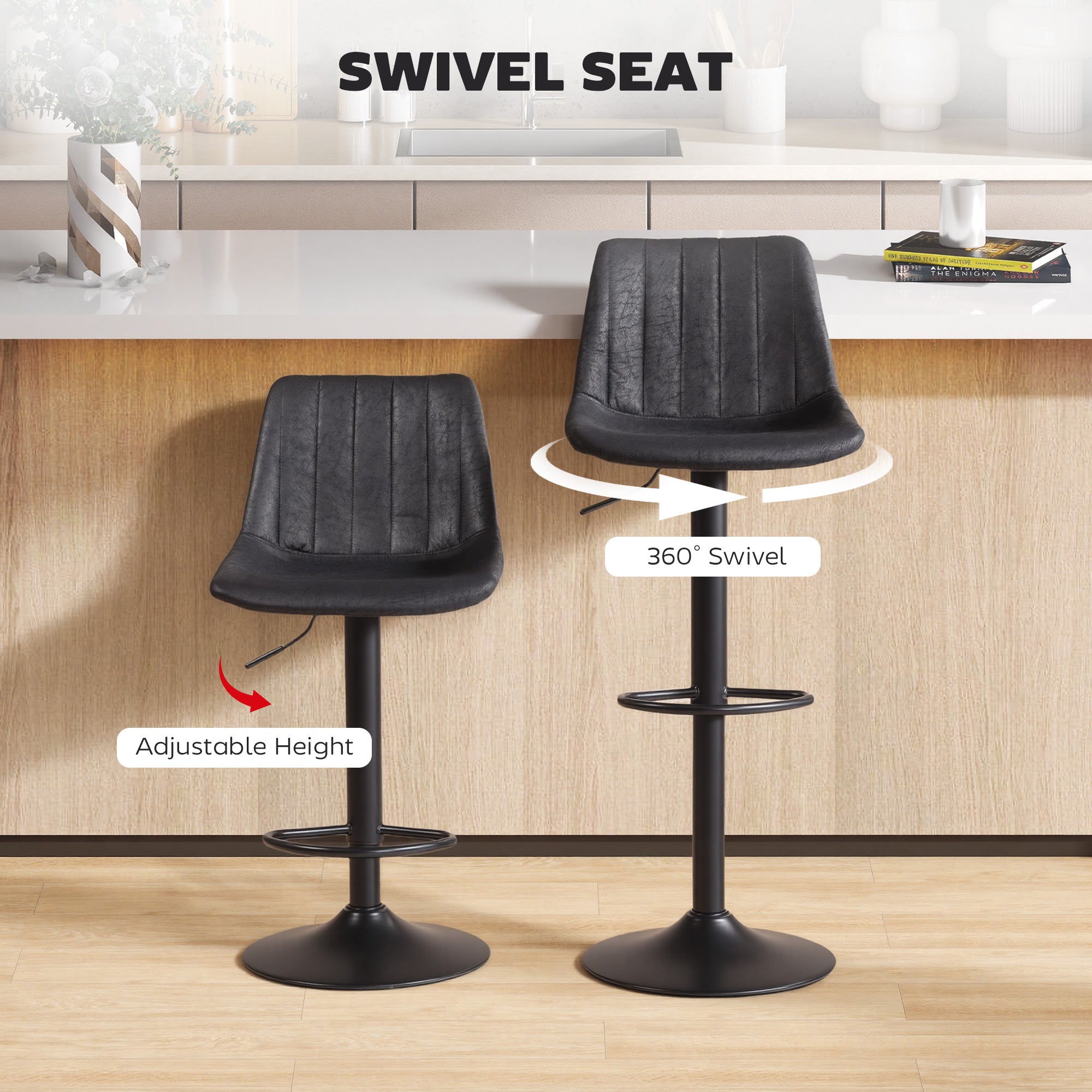 Modern Bar Stools Set of 2, Height Adjustable Swivel Bar Chairs with Backrest, Gas Lift and Footrest, Leathaire Barstools for Breakfast Counter, Kitchen Island, Black