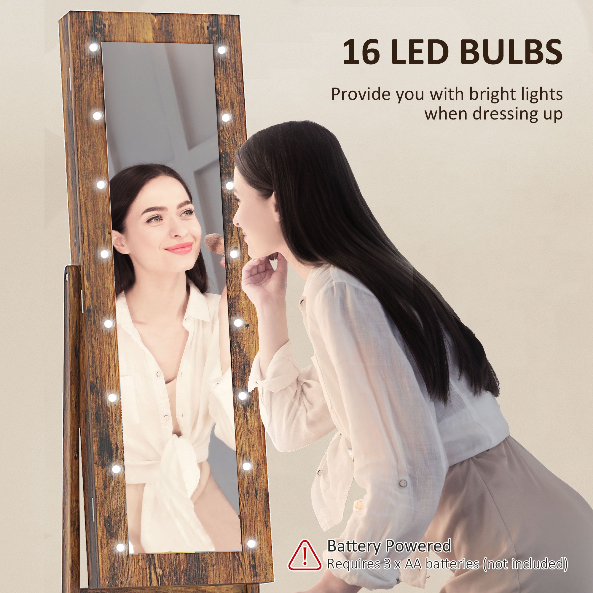 HOMCOM Lighted Mirrored Jewelry Cabinet Floor Free Standing Armoire Organizer Storage Necklaces Bracelets Rings Earrings Angle Adjustable w/16 LED Lights Rustic Brown