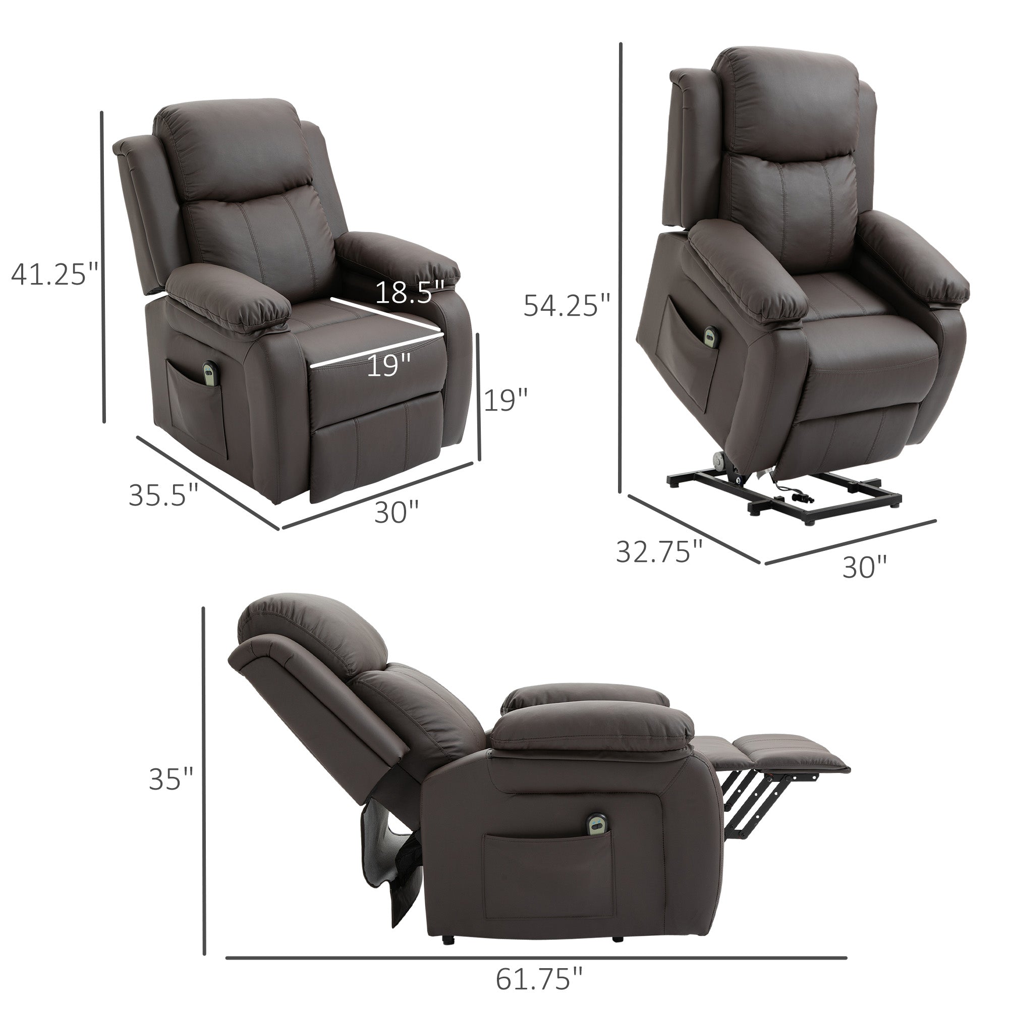 Living Room Power Lift Chair PU Leather Electric Recliner Sofa for Elderly with Remote Brown