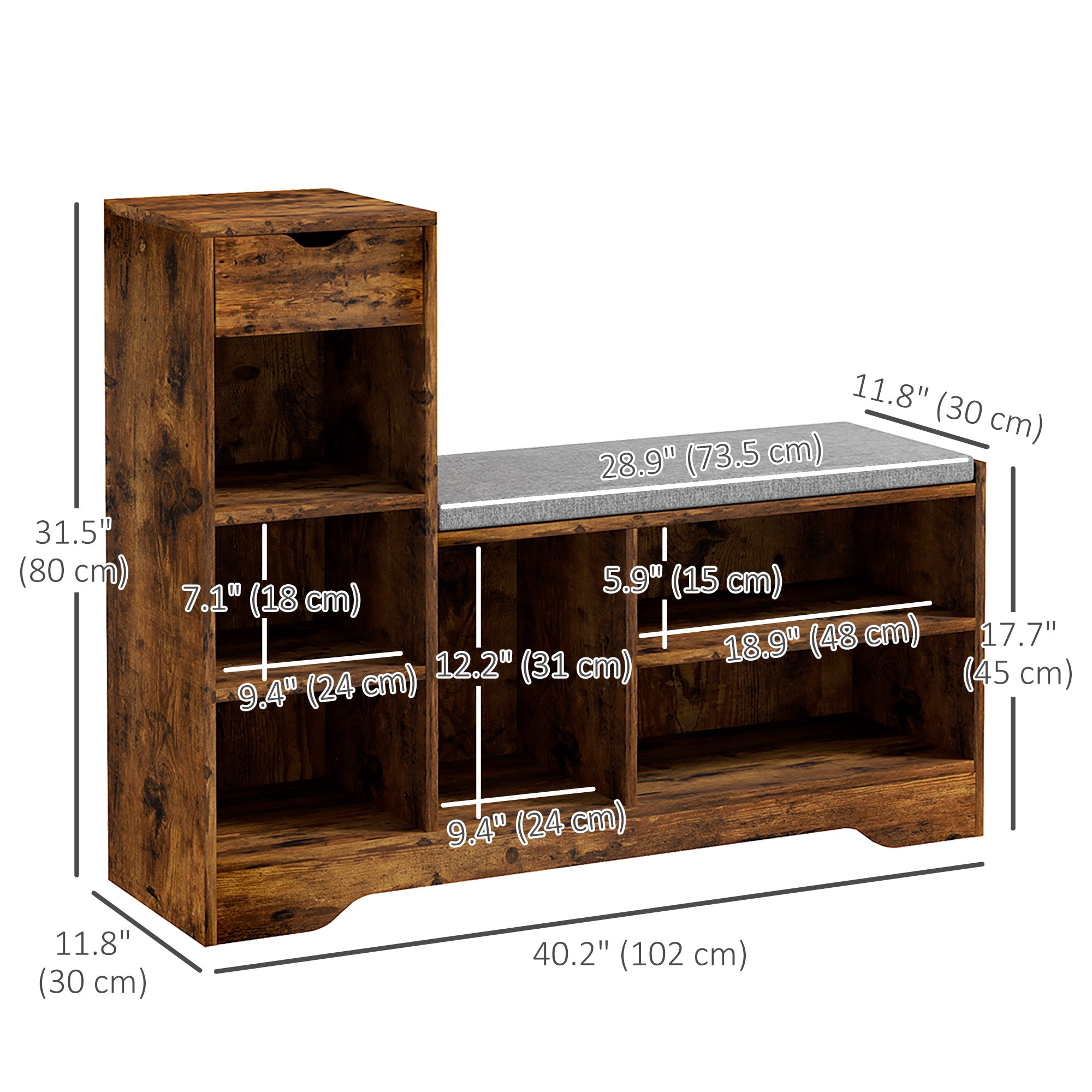 HOMCOM Shoe Bench with Seating Cushion, Entryway Bench with Adjustable Shelves, Drawer, 6 Open Compartments and Table Top for Hallway, Rustic Brown