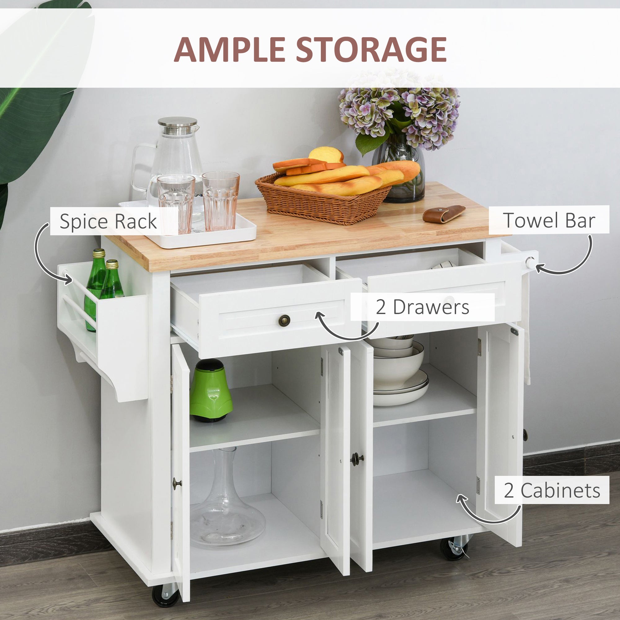 Rolling Kitchen Microwave Island with Flexible Storage Shelf Unit and Drawers