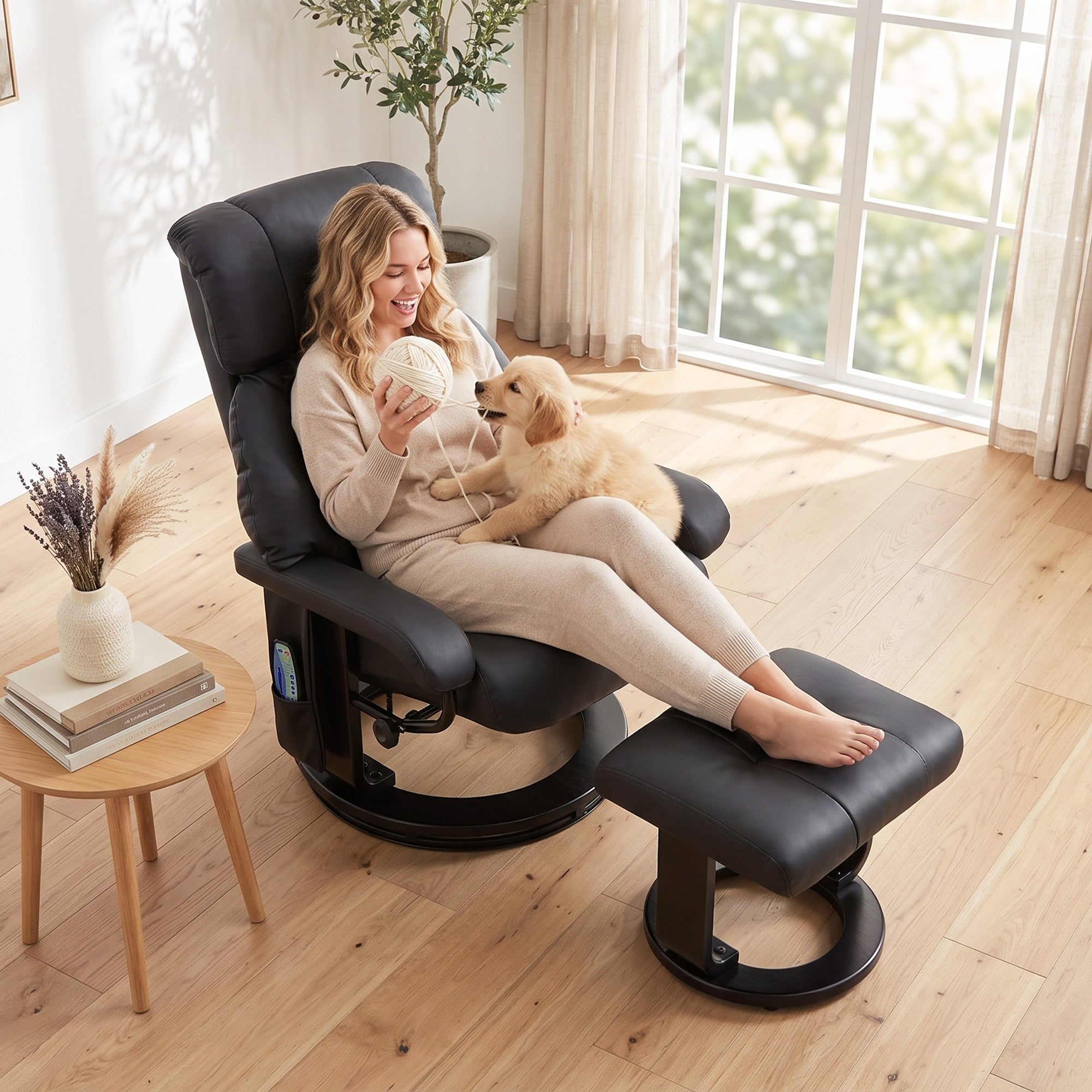 Massage Recliner Chair with Ottoman, 360° Swivel Recliner and Footstool, 10-Point Vibration, PU Leather Reclining Chair with Remote Control, Black