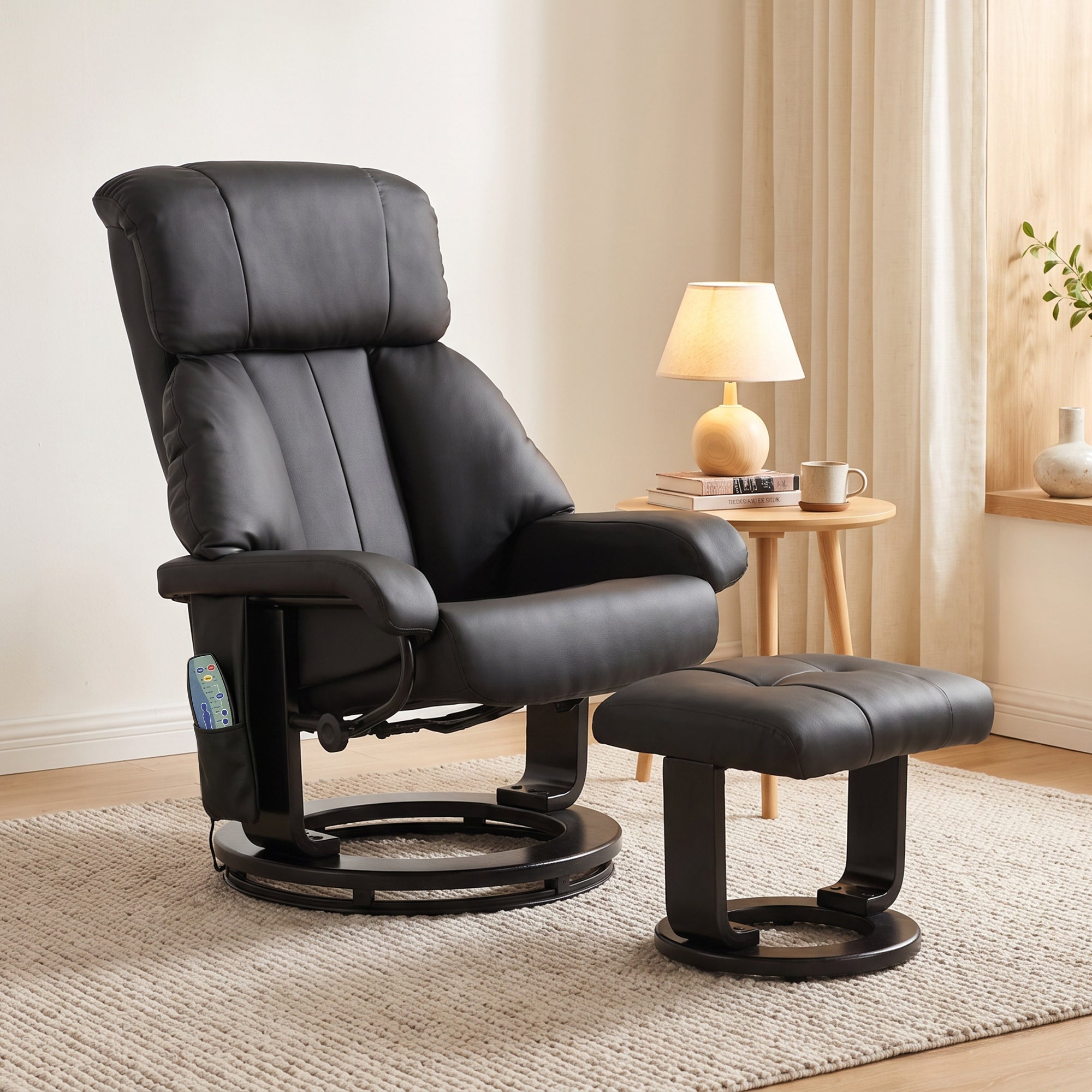 Massage Recliner Chair with Ottoman, 360° Swivel Recliner and Footstool, 10-Point Vibration, PU Leather Reclining Chair with Remote Control, Black