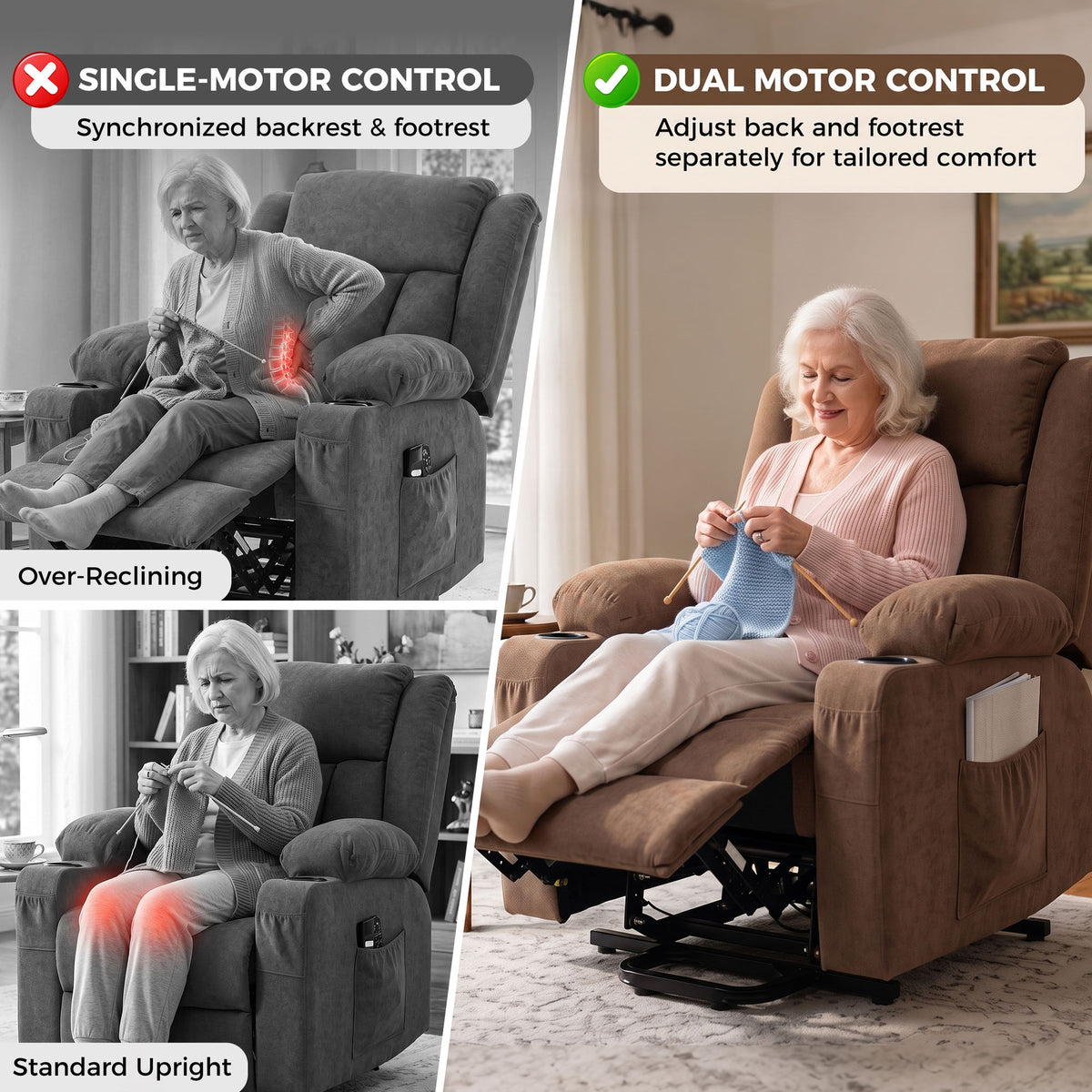 Dual Motor Recliner Chair Lift Chair for Elderly, 55° Electric Riser Recliner Armchair with Massage and Heat, Terry Cloth Power Reclining Lounge Sofa, 2 Cup Holders, Side Pockets, Brown