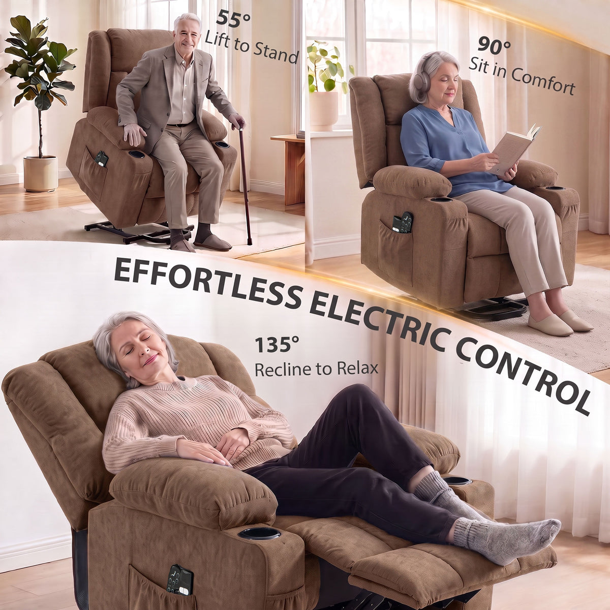 Dual Motor Recliner Chair Lift Chair for Elderly, 55° Electric Riser Recliner Armchair with Massage and Heat, Terry Cloth Power Reclining Lounge Sofa, 2 Cup Holders, Side Pockets, Brown