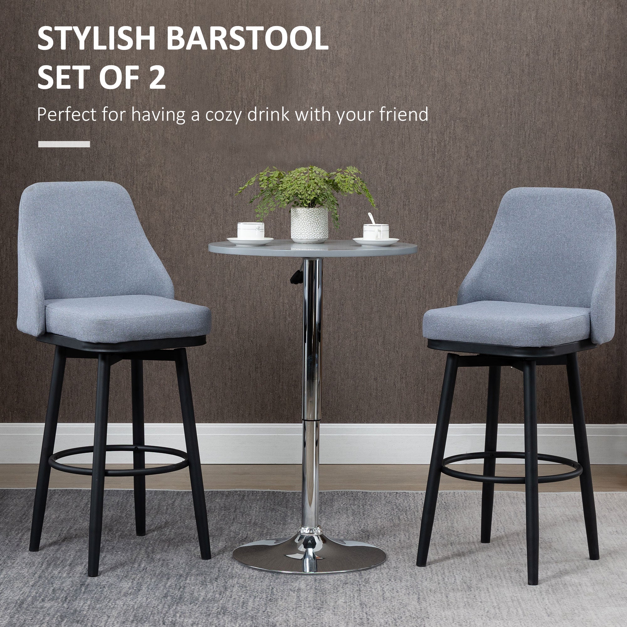 HOMCOM Bar Height Bar Stools Set of 2, 360° Swivel Barstools, Upholstered Extra Tall Bar Chair with 30" Seat Height and Steel Legs, Light Grey