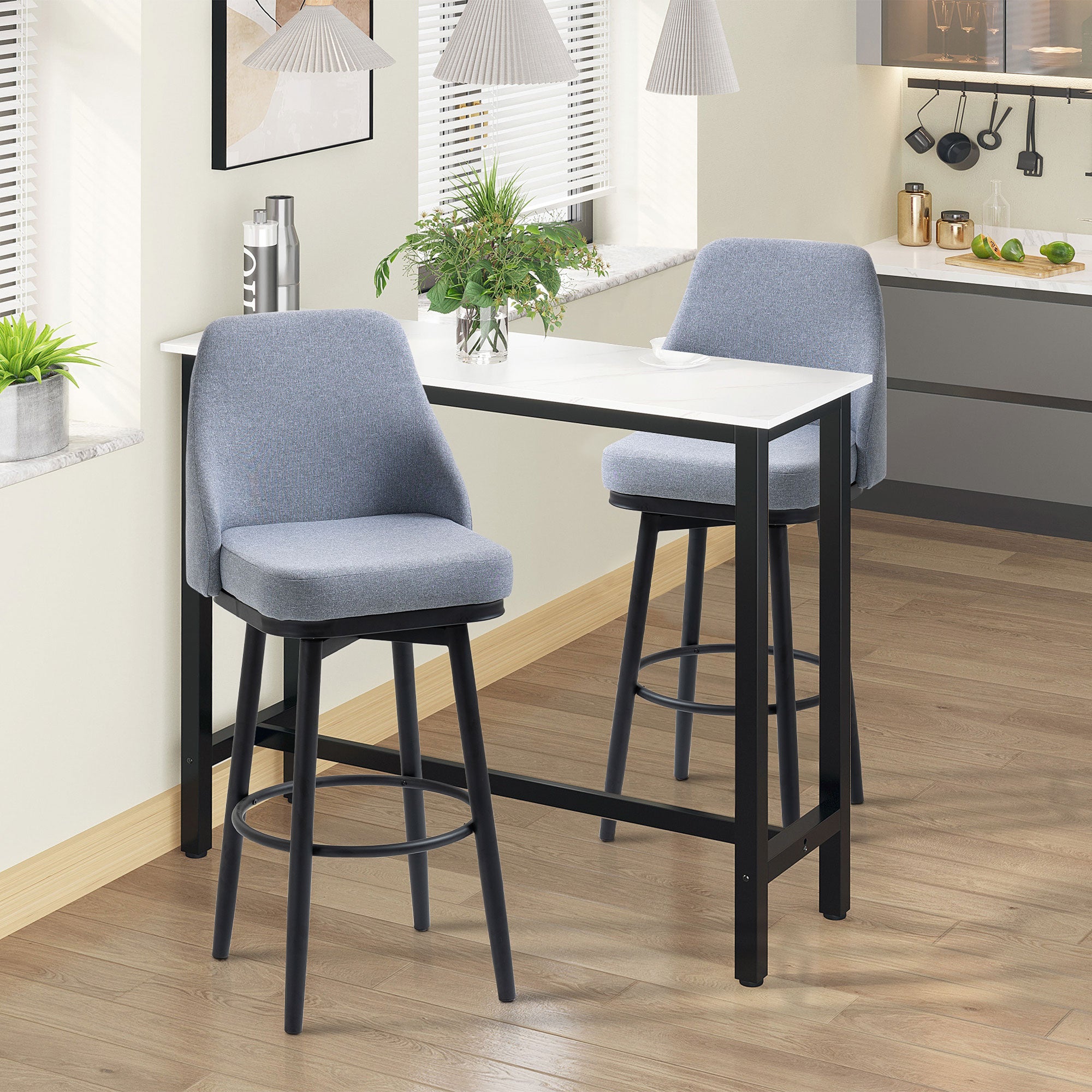 HOMCOM Bar Height Bar Stools Set of 2, 360° Swivel Barstools, Upholstered Extra Tall Bar Chair with 30" Seat Height and Steel Legs, Light Grey