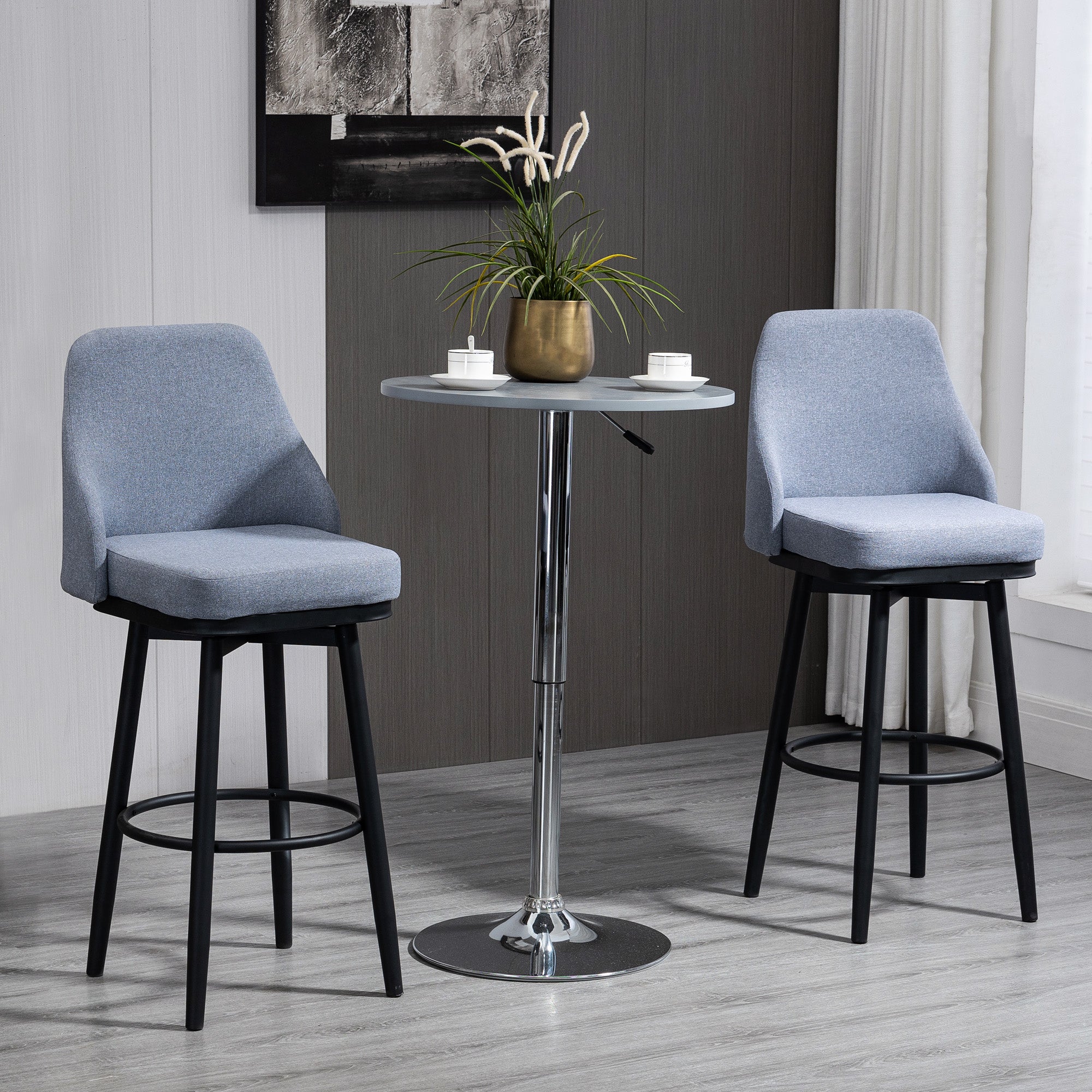 HOMCOM Bar Height Bar Stools Set of 2, 360° Swivel Barstools, Upholstered Extra Tall Bar Chair with 30" Seat Height and Steel Legs, Light Grey