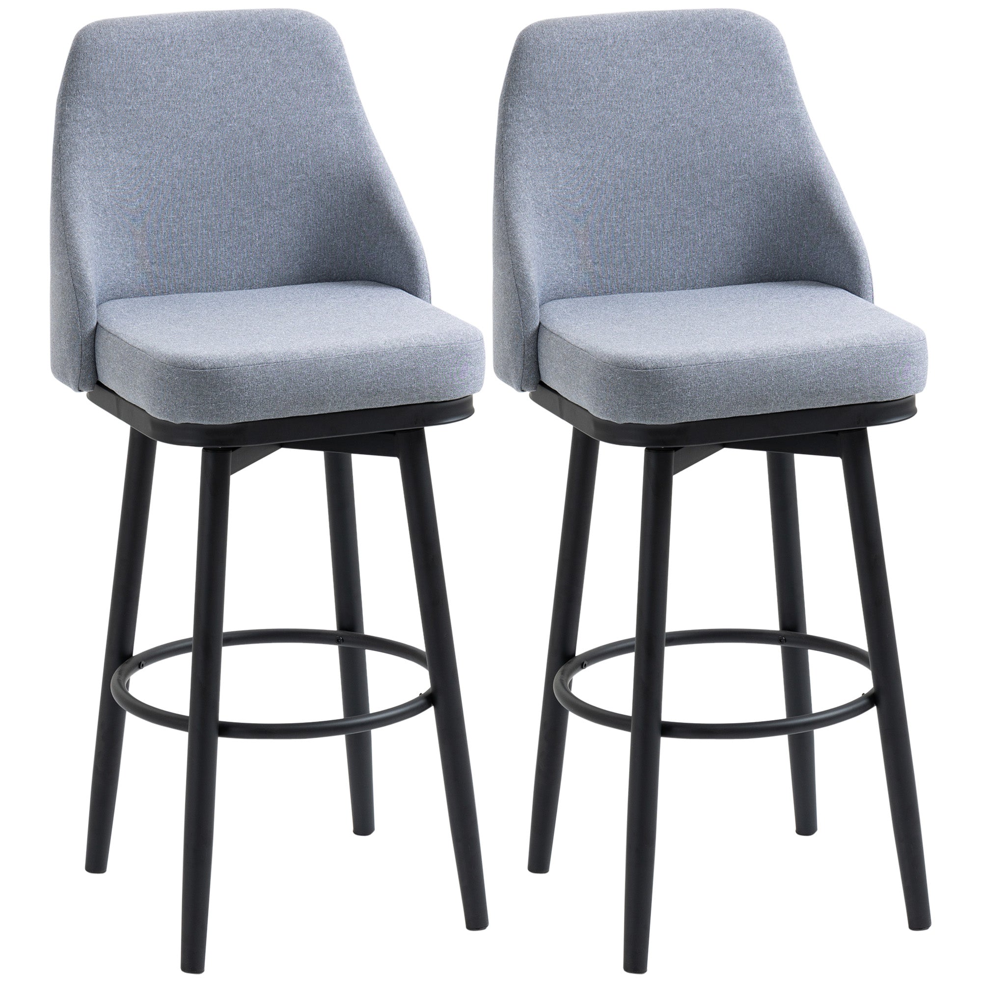 HOMCOM Bar Height Bar Stools Set of 2, 360° Swivel Barstools, Upholstered Extra Tall Bar Chair with 30" Seat Height and Steel Legs, Light Grey