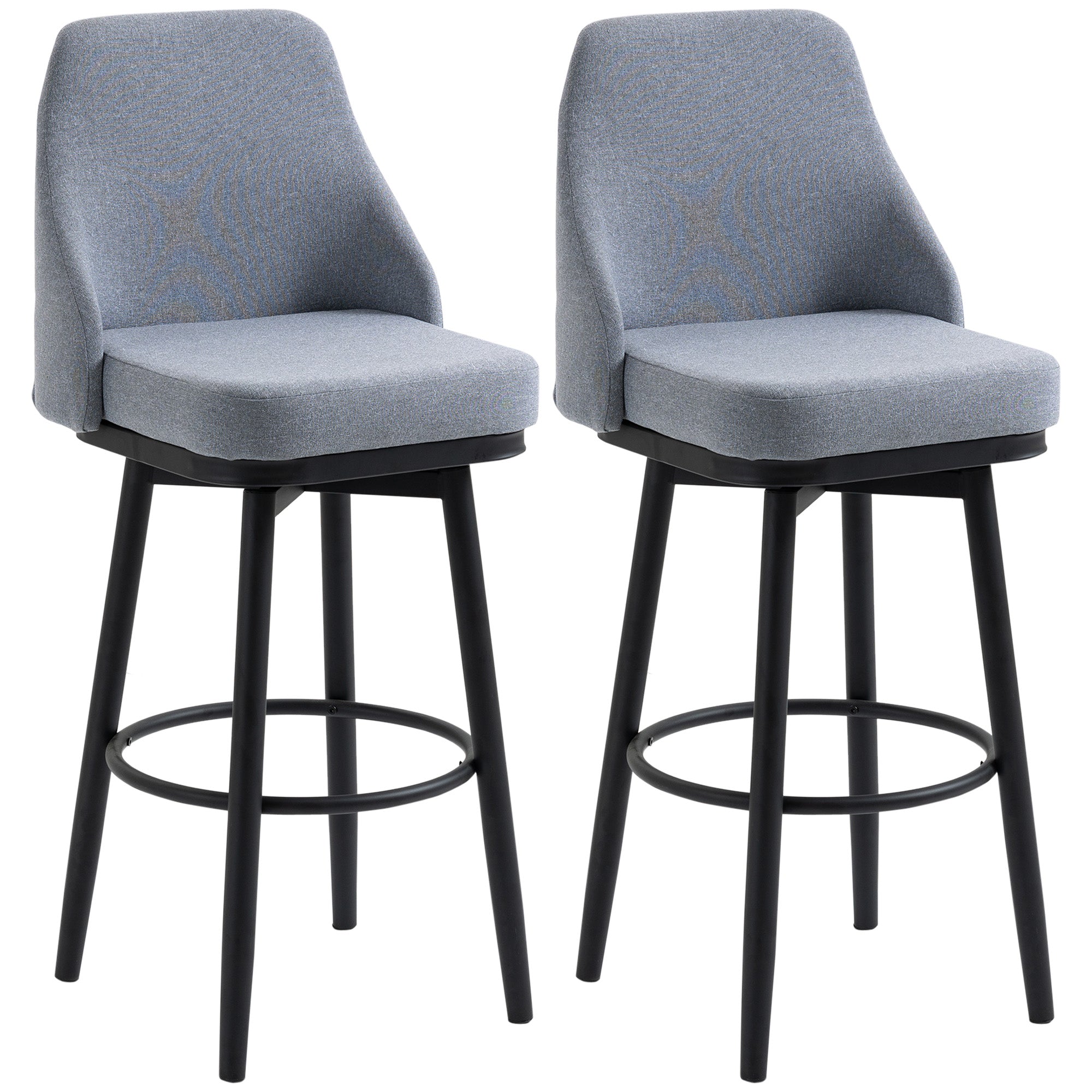 HOMCOM Bar Height Bar Stools Set of 2, 360° Swivel Barstools, Upholstered Extra Tall Bar Chair with 30" Seat Height and Steel Legs, Light Grey