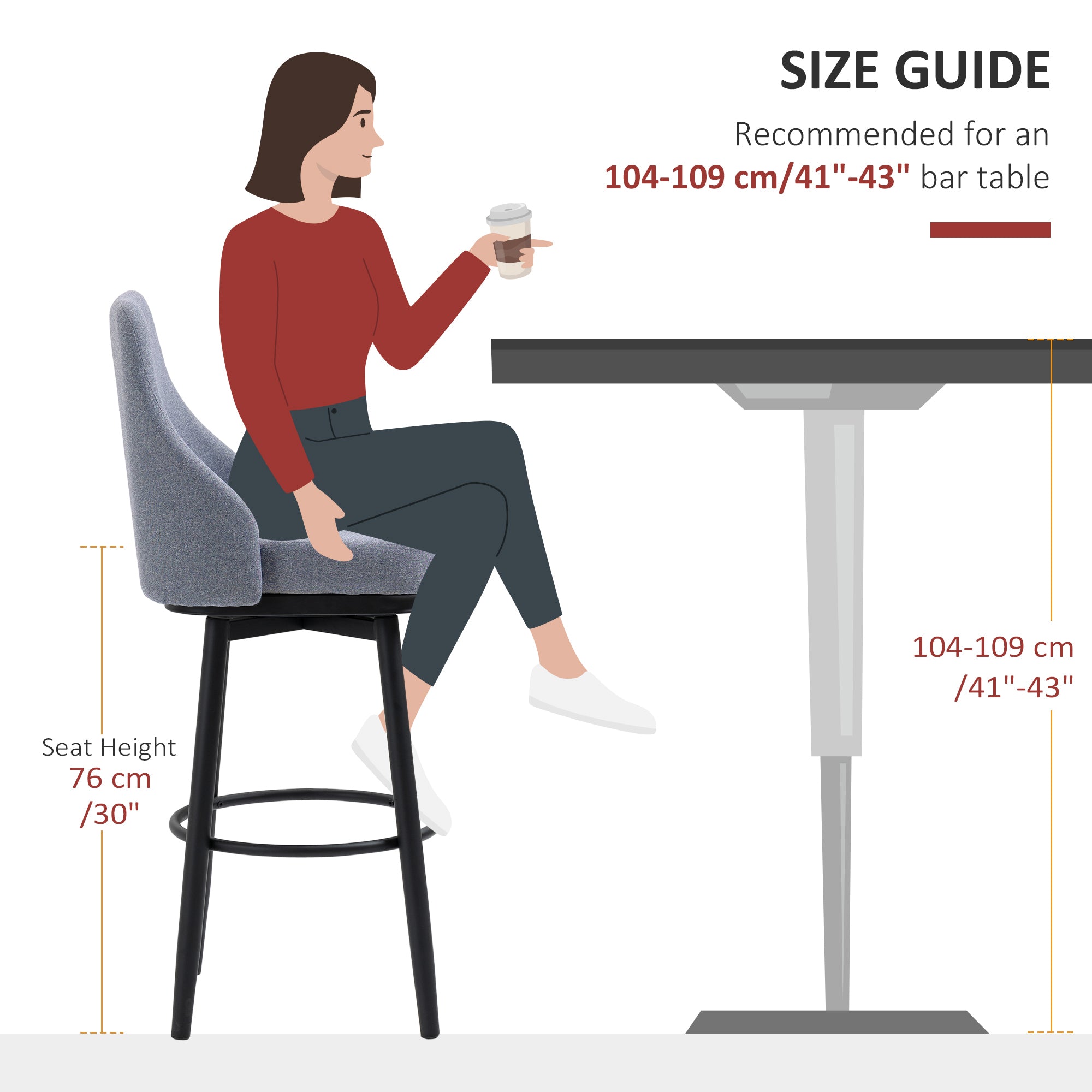 HOMCOM Bar Height Bar Stools Set of 2, 360° Swivel Barstools, Upholstered Extra Tall Bar Chair with 30" Seat Height and Steel Legs, Light Grey