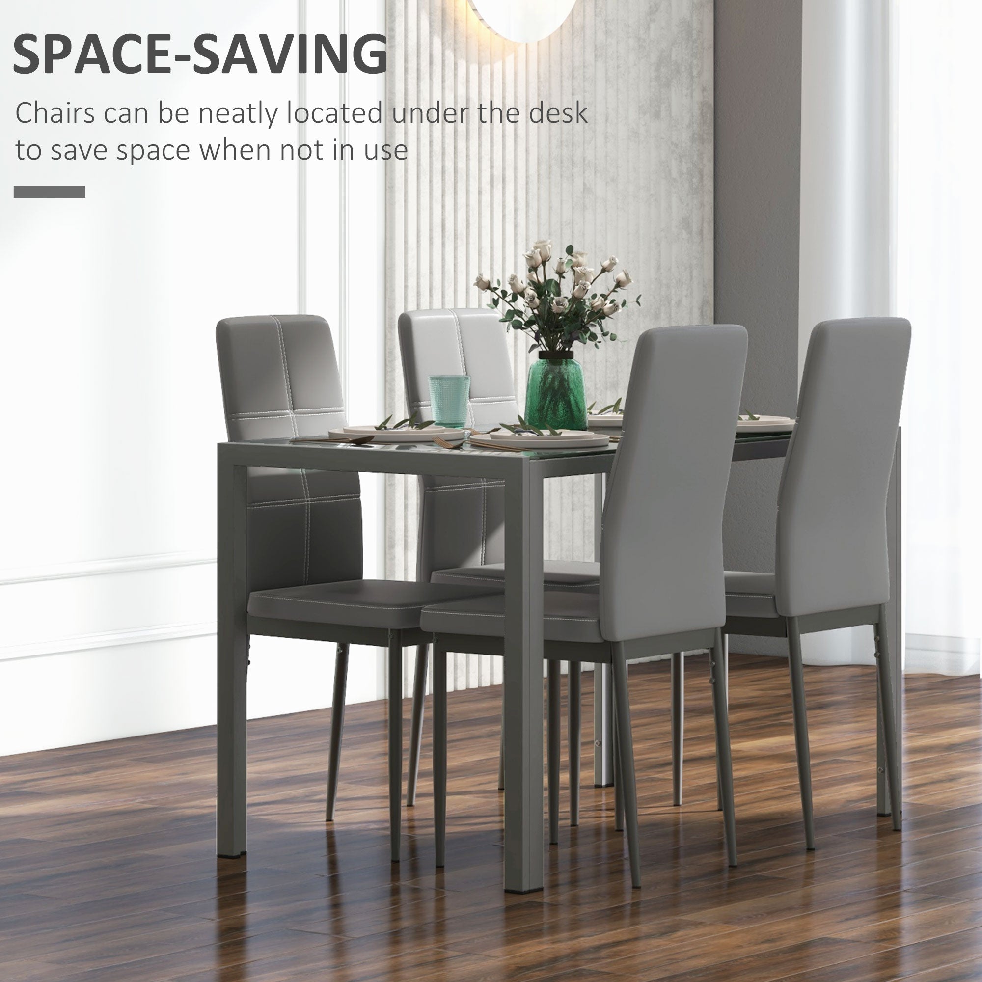 HOMCOM Dining Table Set for 4, 5-Piece Rectangular Glass Kitchen Table and Chairs with Metal Frame and Faux Leather Upholstery for Dining Room, Living Room, Grey