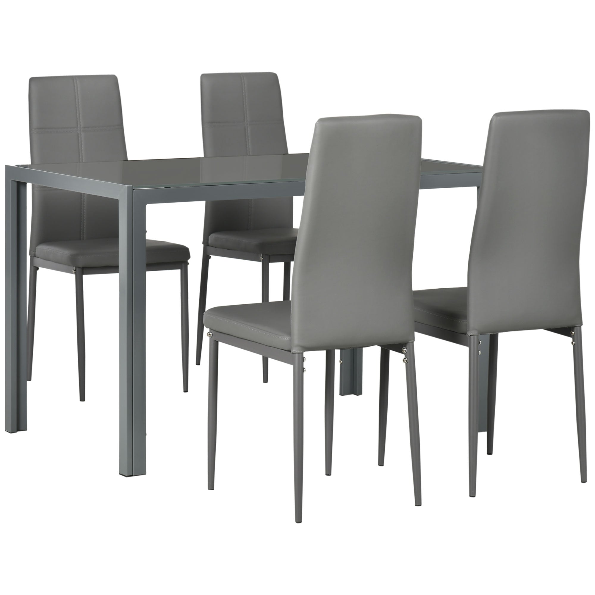 HOMCOM Dining Table Set for 4, 5-Piece Rectangular Glass Kitchen Table and Chairs with Metal Frame and Faux Leather Upholstery for Dining Room, Living Room, Grey