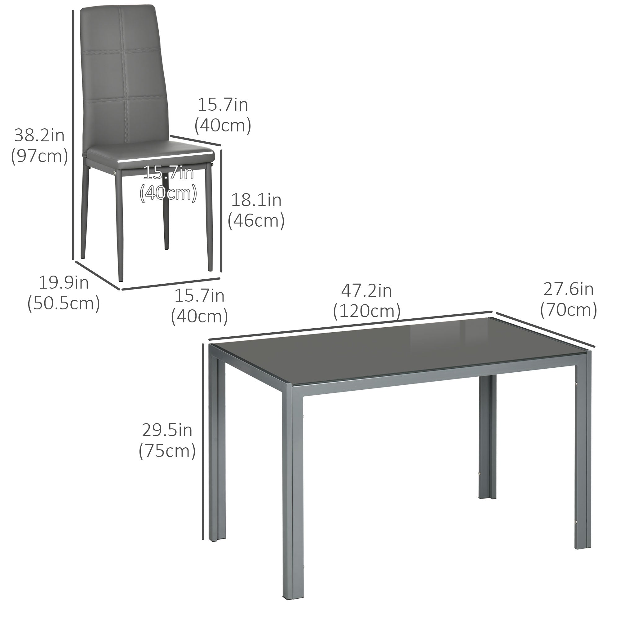 HOMCOM Dining Table Set for 4, 5-Piece Rectangular Glass Kitchen Table and Chairs with Metal Frame and Faux Leather Upholstery for Dining Room, Living Room, Grey