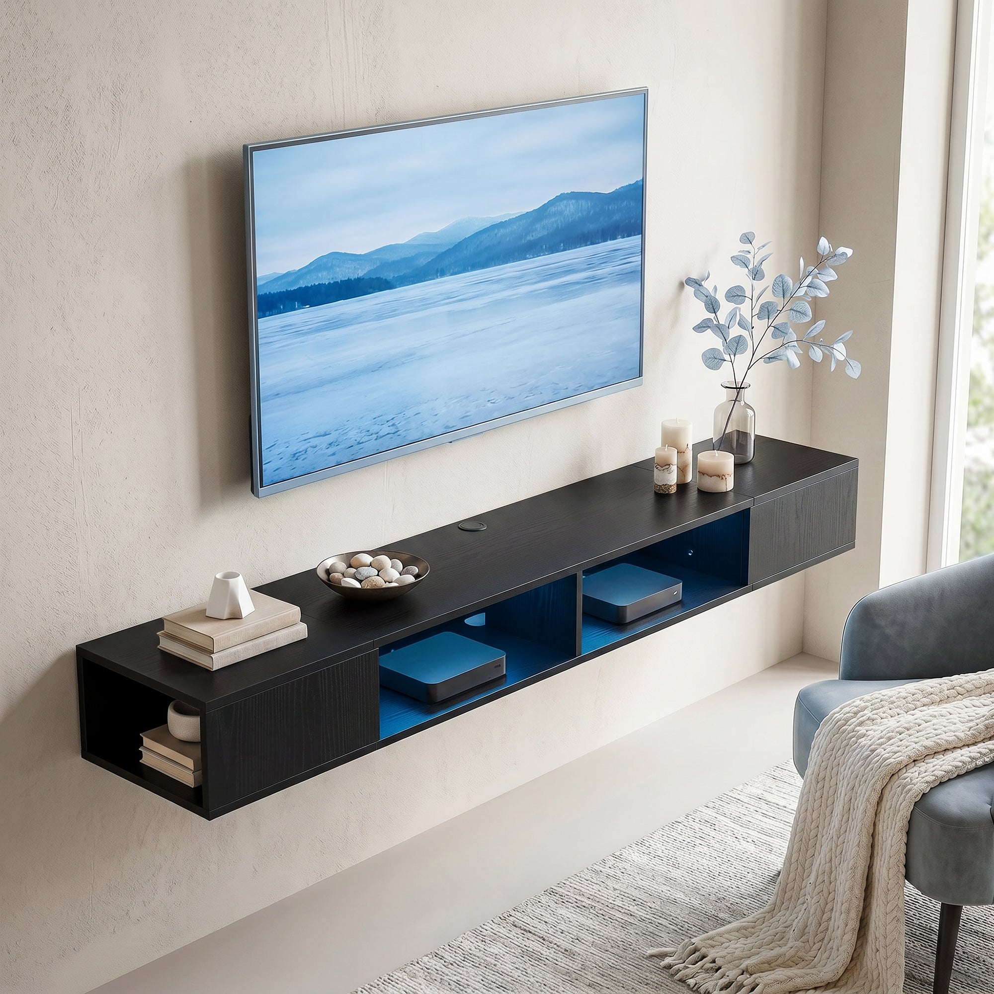TV Stand for TVs up to 75 Inch, Modern Entertainment Center with RGB LED Lights, Floating Wall-Mounted Media Console with Open Shelves for Living Room, Black Wood Grain