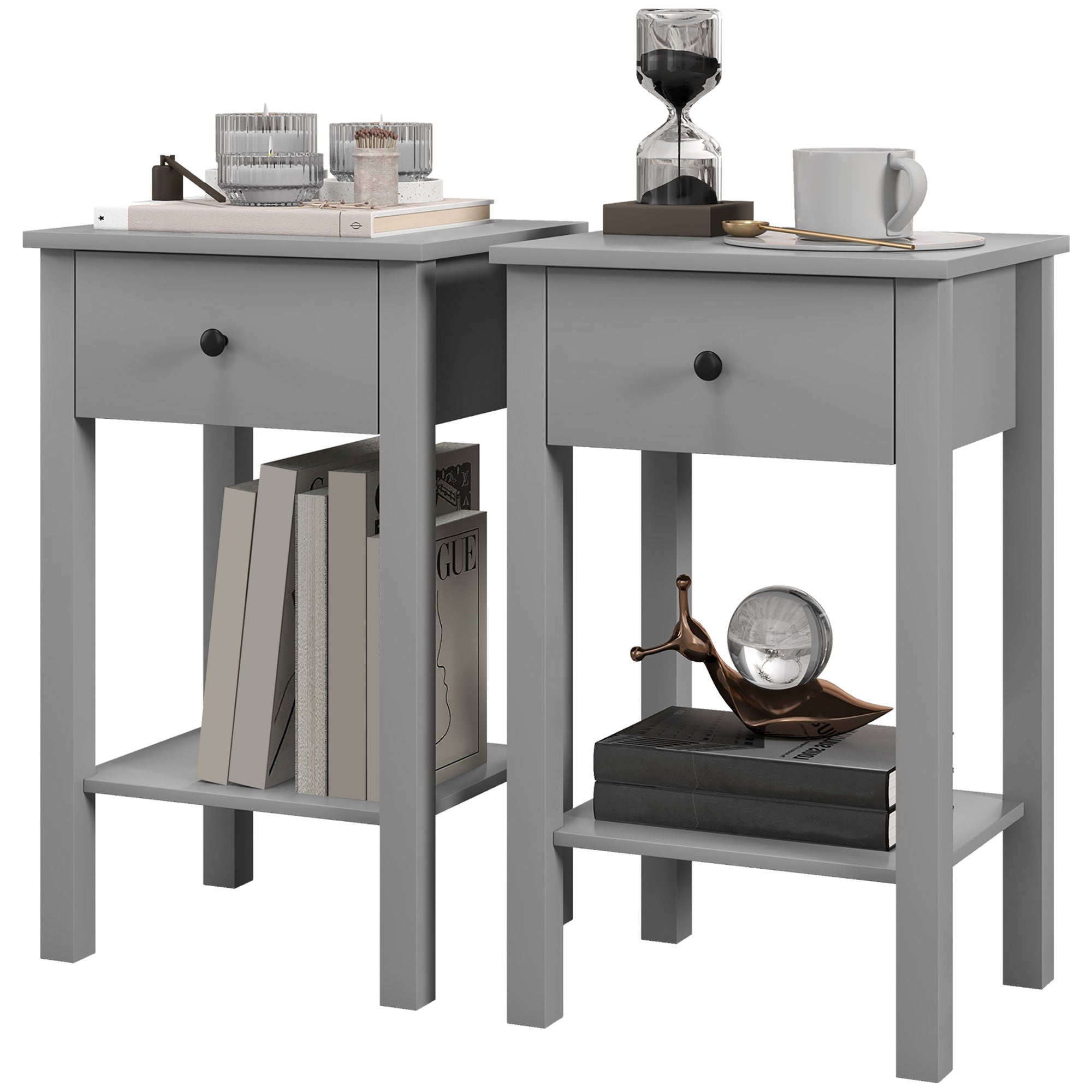 HOMCOM Side Table Set of 2, End Tables with Drawer and Bottom Shelf, 2-tier Nightstand for Bedroom, Living Room, Grey