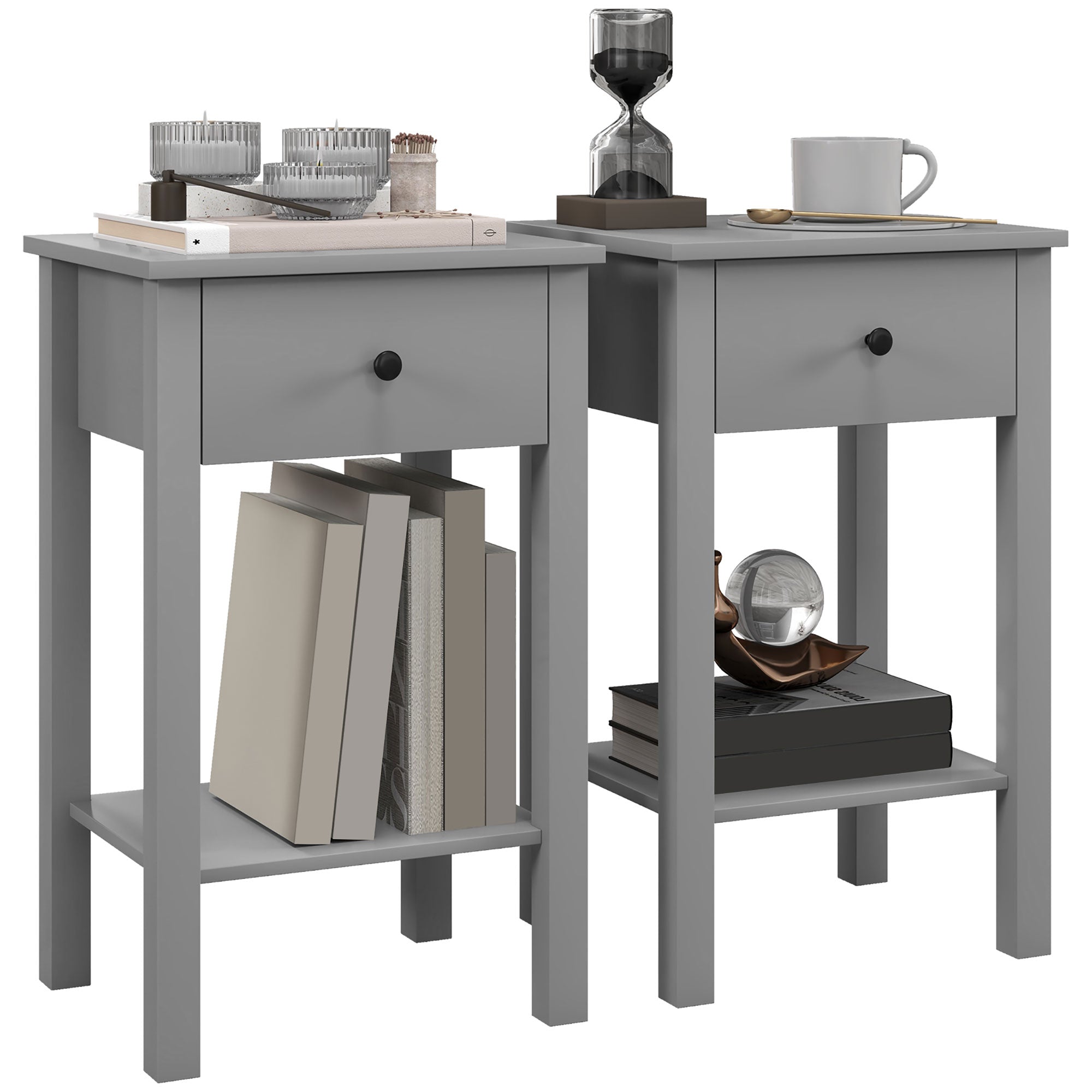 HOMCOM Side Table Set of 2, End Tables with Drawer and Bottom Shelf, 2-tier Nightstand for Bedroom, Living Room, Grey