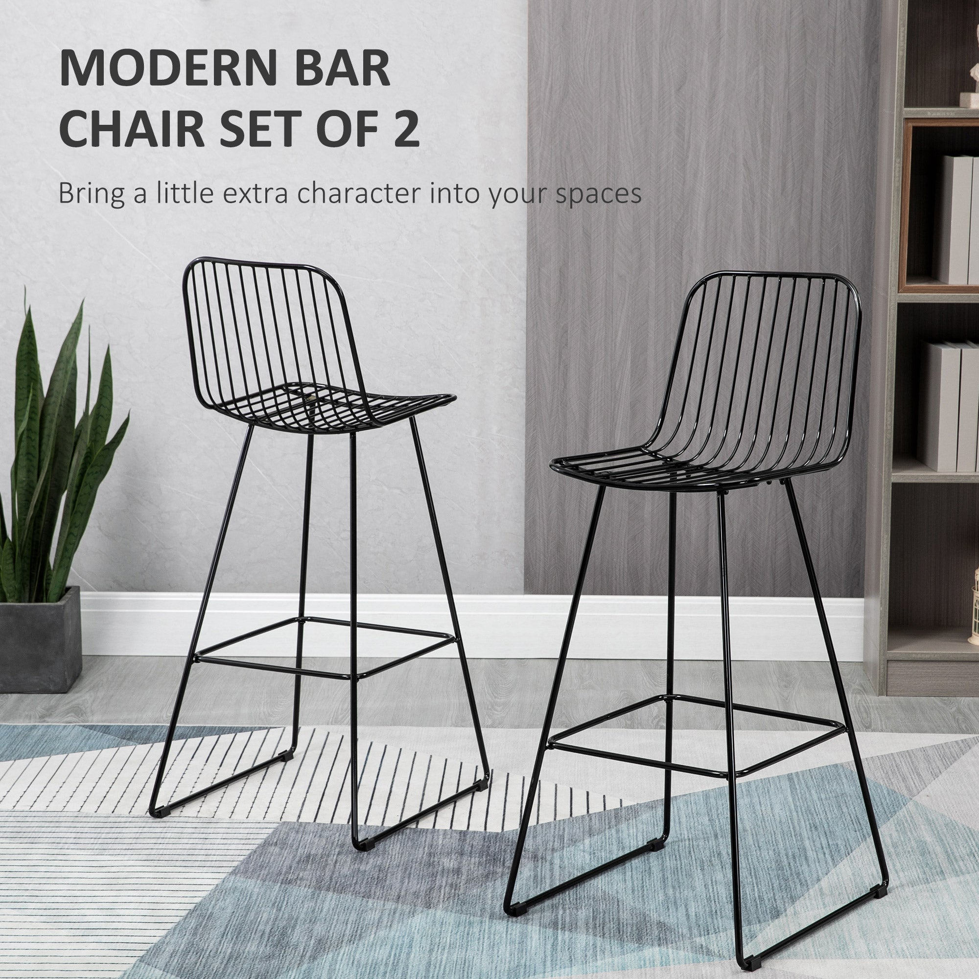 Modern Metal Wire Bar Stools 30" Seat Height Bar Chairs with Back and Footrest Set of 2 Black