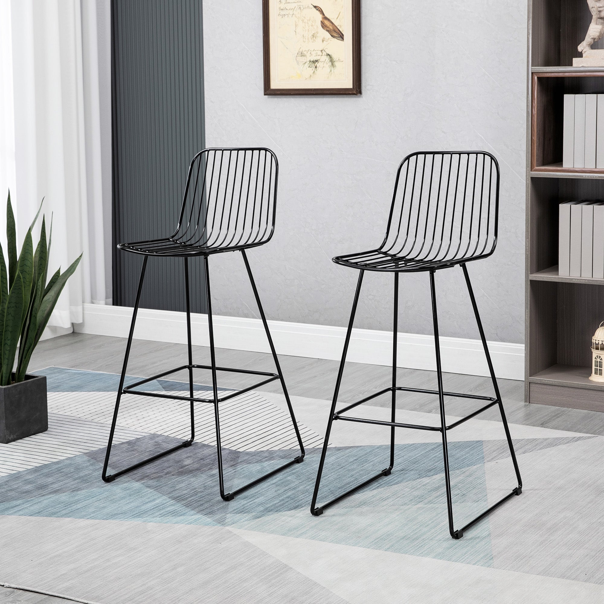 Modern Metal Wire Bar Stools 30" Seat Height Bar Chairs with Back and Footrest Set of 2 Black