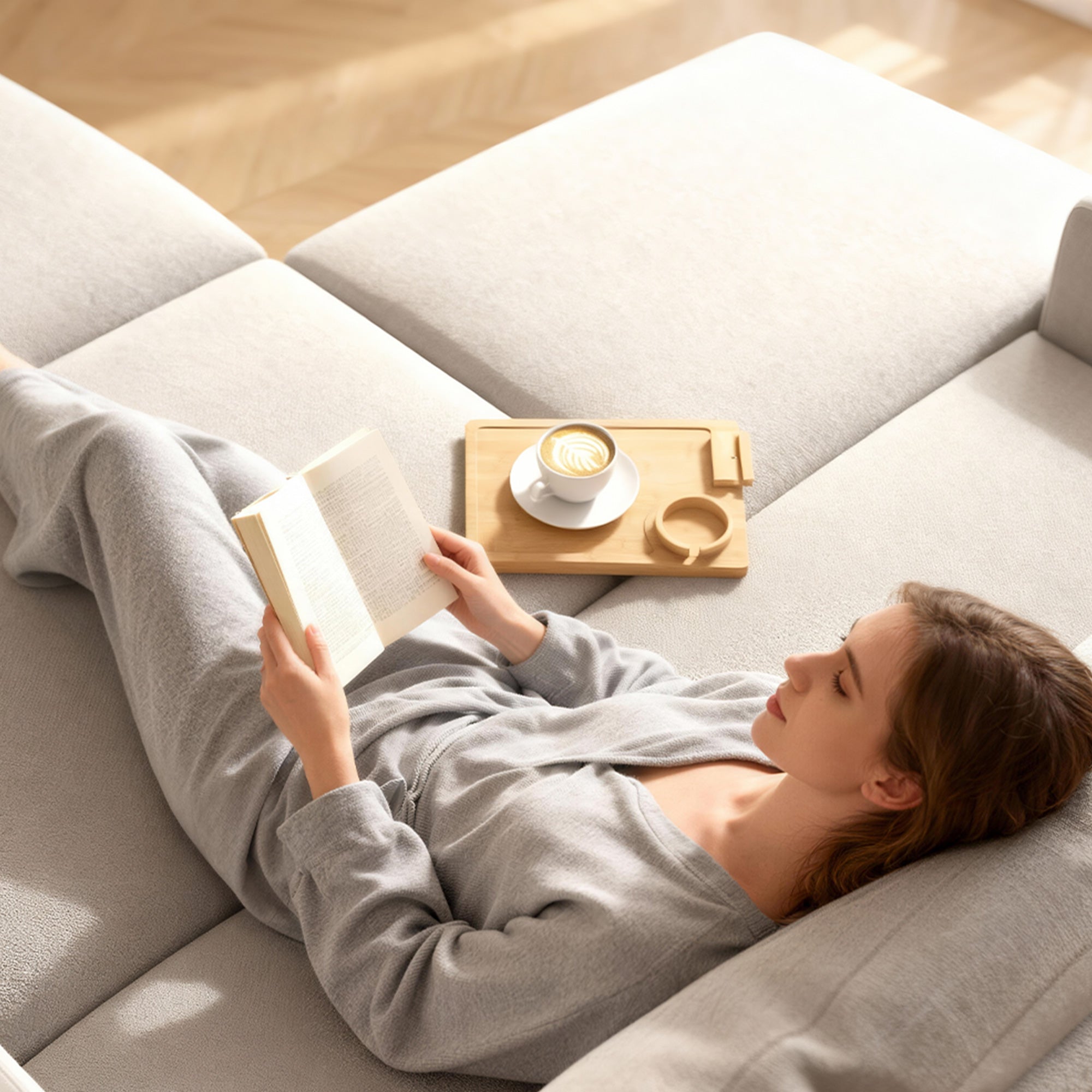 Bamboo Sofa Arm Tray, Anti-Slip Sofa Armrest Tray with 360° Phone Holder and Removable Cup Holder, Clip-On Armchair Table for Drinks, Snacks and Remote Control, Natural Wood Finish