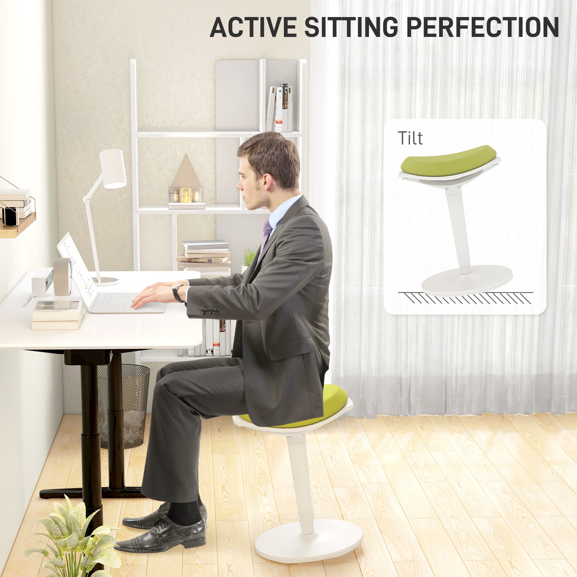 HOMCOM Standing Desk Chair, Backless Wobble Chair, 22.2-28.1 Inches, Ergonomic Adjustable Active Learning Stool for Office Desks, with Rocking Motion, Padded, Green