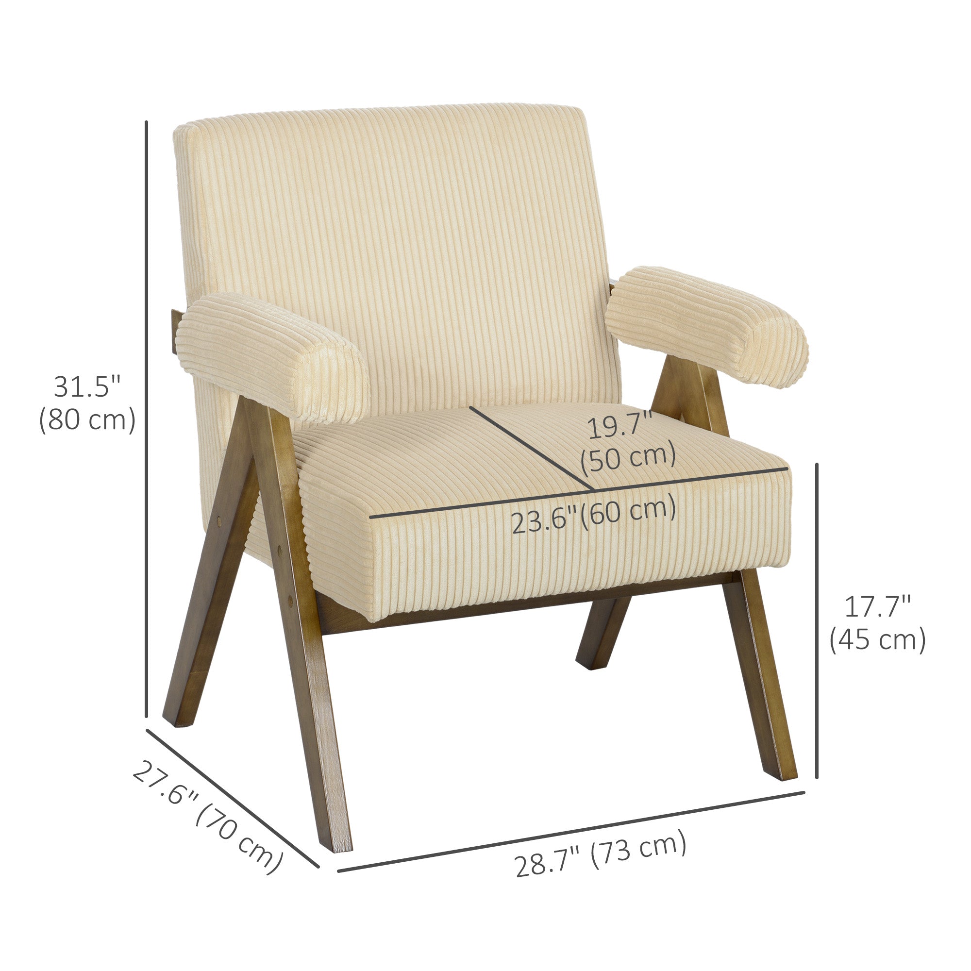 HOMCOM Accent Chair with Wide Seat, Corduroy Upholstered Armchair, Modern Living Room Chair with Soft Padded Armrests and Solid Wood Legs for Reading, Bedroom, Beige